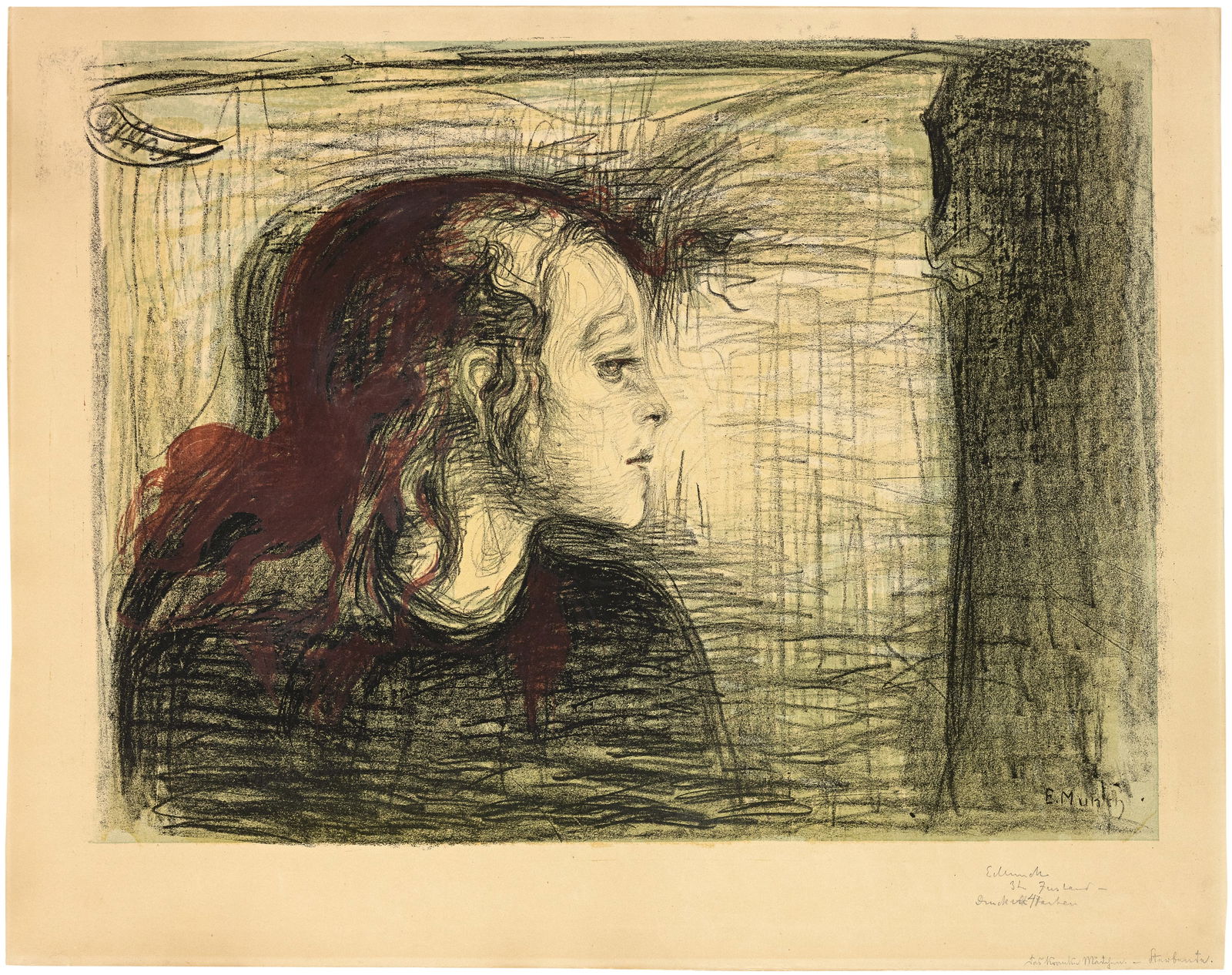 Edvard Munch (Löiten 1863 - 1944 Oslo) Das kranke Mädchen I - The Sick Child I: Edvard Munch (Löiten 1863 - 1944 Oslo) Das kranke Mädchen I - The Sick Child I 1896 Colour lithograph, printed in black, green-grey, yellow and red, signed in the stone lower right on firm,
