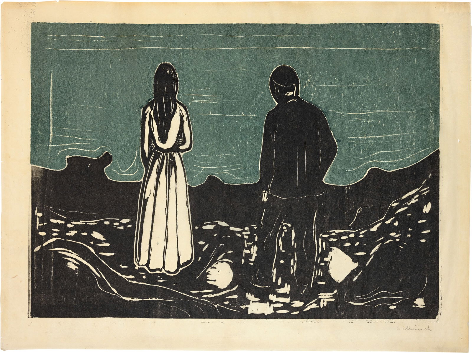 Edvard Munch (Löiten 1863 - 1944 Oslo) Zwei Menschen - Die Einsamen - Two Human Beings - The: Edvard Munch (Löiten 1863 - 1944 Oslo) Zwei Menschen - Die Einsamen - Two Human Beings - The Lonely Ones 1899 Colour woodcut, printed in black and grey-blue on thin Japan 39.6x54.7 cm, image; 46.