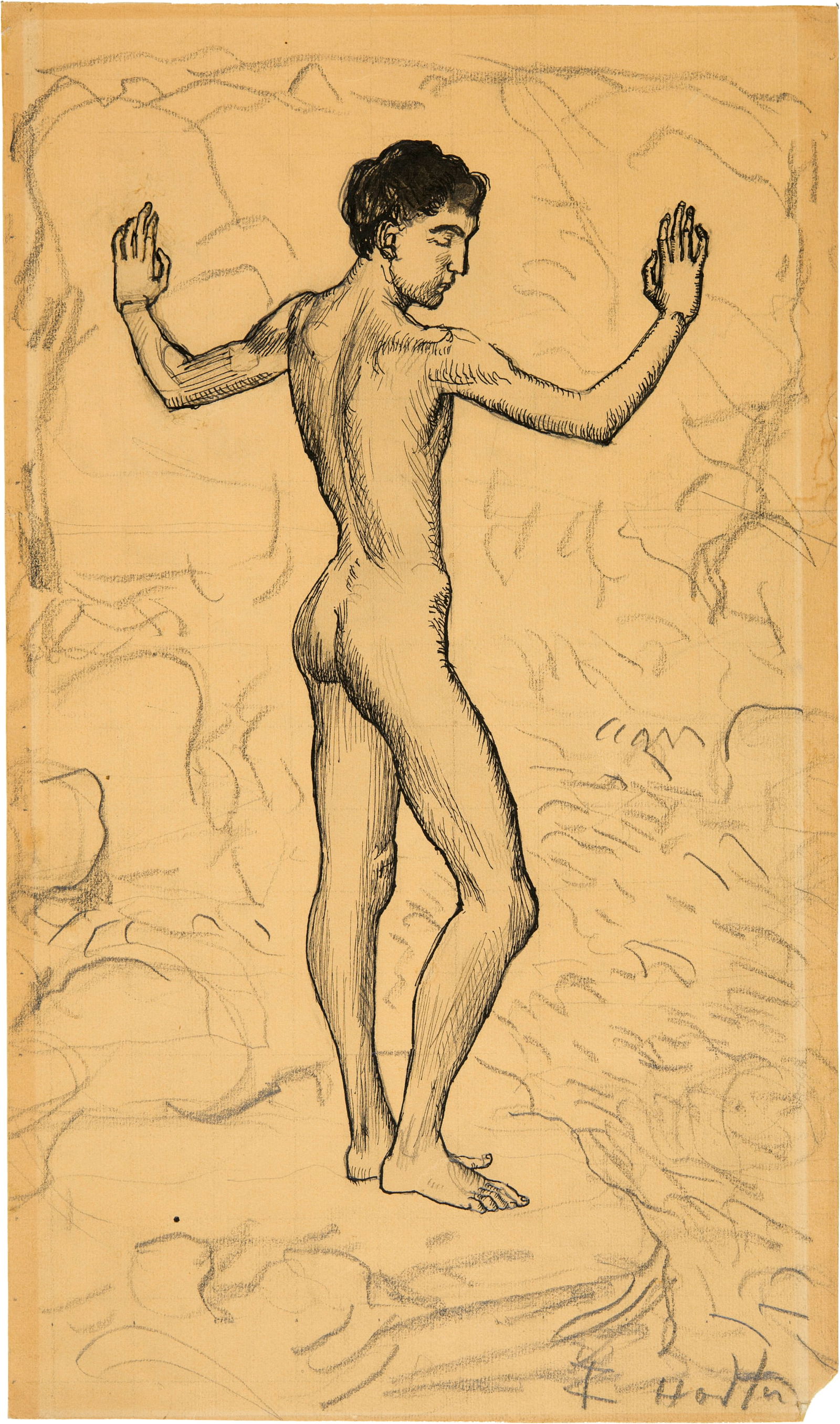 Ferdinand Hodler (Bern 1853 - 1918 Genf) Jüngling am Bergbach (Studie): Ferdinand Hodler (Bern 1853 - 1918 Genf) Jüngling am Bergbach (Studie) 1901 Ink and pencil on wove paper 34.5x20.3cm Signature Signed "F Hodler" in pencil by the artist lower right, stamped "F. H