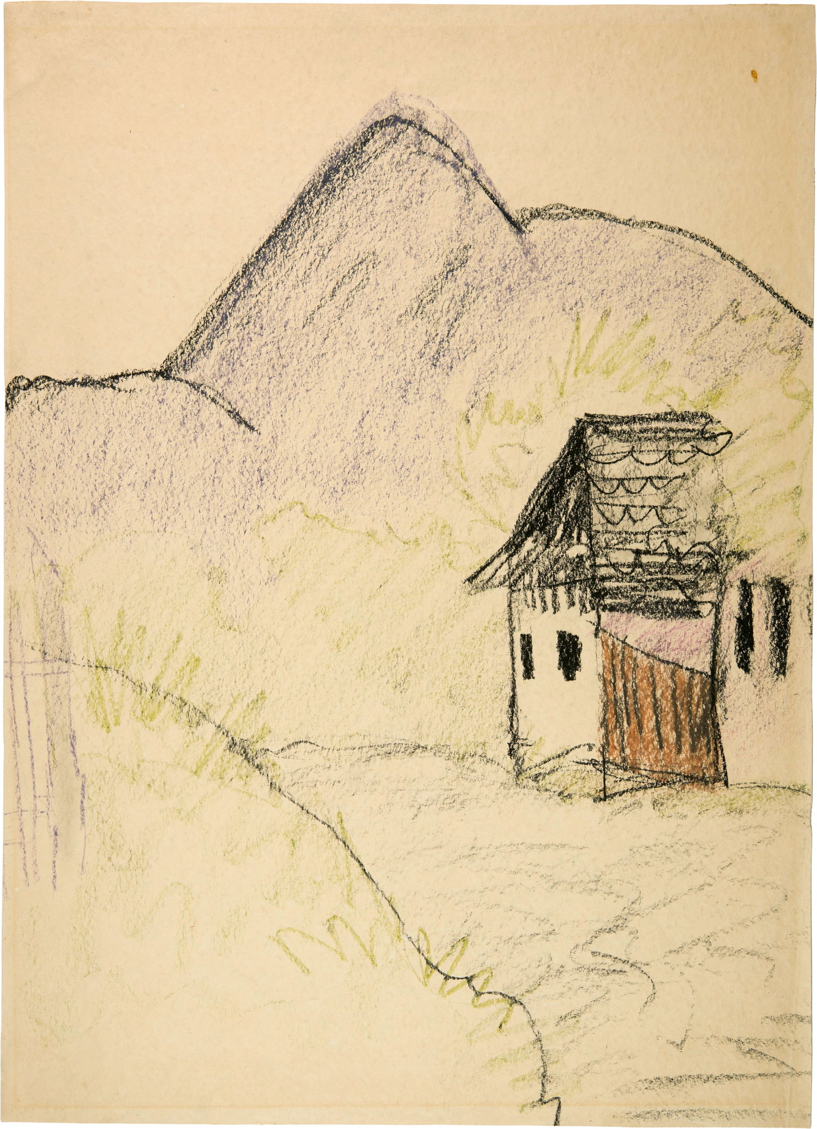 Otto Mueller (Liebau 1874 - 1930 Obernigk bei Breslau) Haus in den Bergen (Dalmatische Landschaft): Otto Mueller (Liebau 1874 - 1930 Obernigk bei Breslau) Haus in den Bergen (Dalmatische Landschaft) Circa 1930 Colour chalk drawing on firm, cream-coloured wove paper 68.7x49.7 cm Signature Estate stam