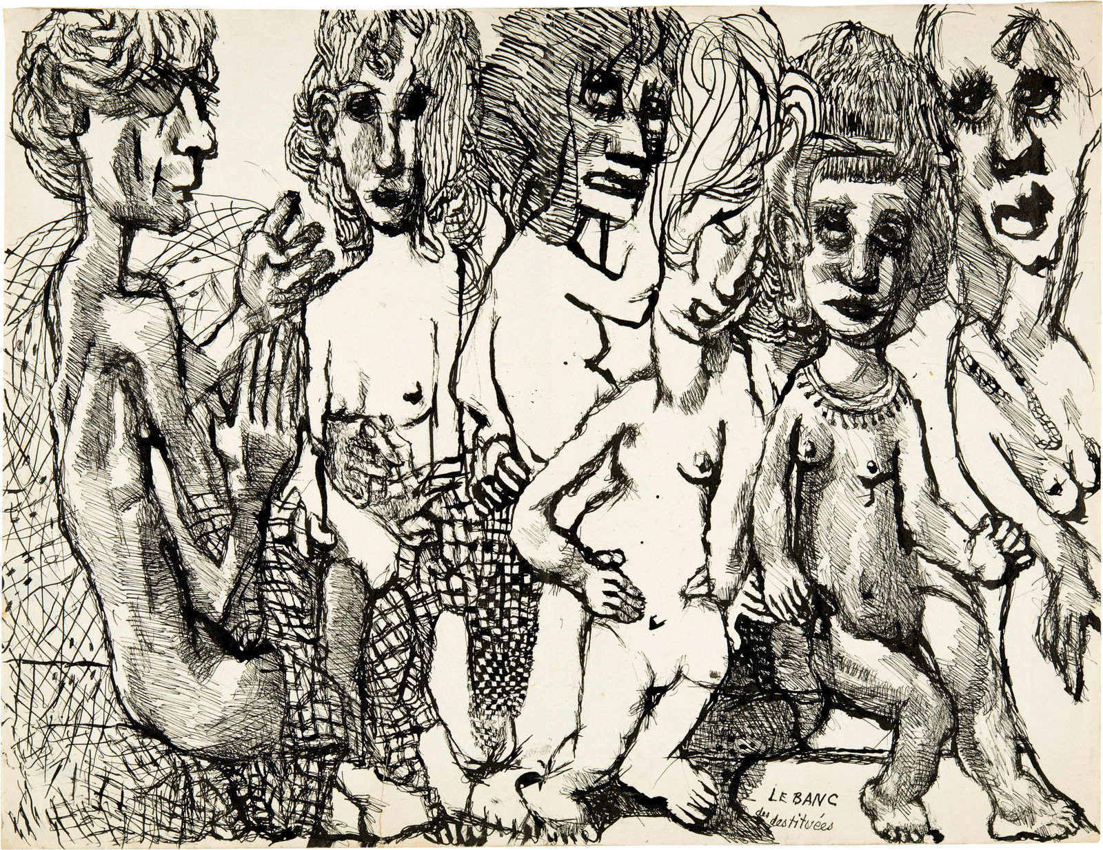 Louis Soutter (Morges 1871 - 1942 Lausanne) Le banc des destituées: Louis Soutter (Morges 1871 - 1942 Lausanne) Le banc des destituées 1930/1937 Pen and ink on paper 44x57.5 cm Signature Titled "Le banc / des destituées" by the artist at the bottom Catalogue