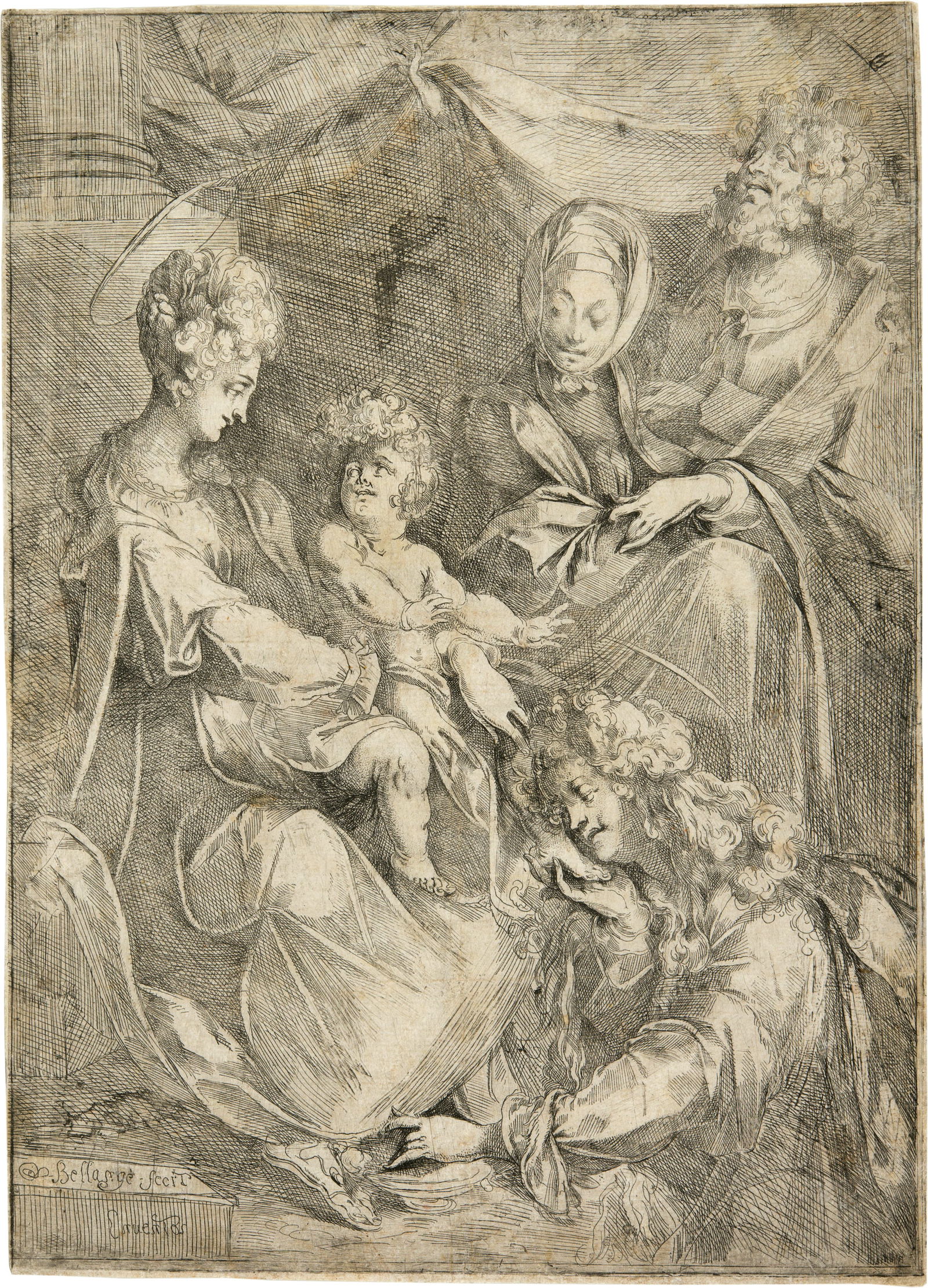 Jacques Bellange (Im Bassigny um 1575 - 1616 Nancy, tätig als Hofmaler) Die Heilige Familie: Jacques Bellange (Im Bassigny um 1575 - 1616 Nancy, tätig als Hofmaler) Die Heilige Familie mit Maria Magdalena und St. Anna Circa 1610-1611 Etching and engraving on laid paper 33.6x24.2 cm, shee