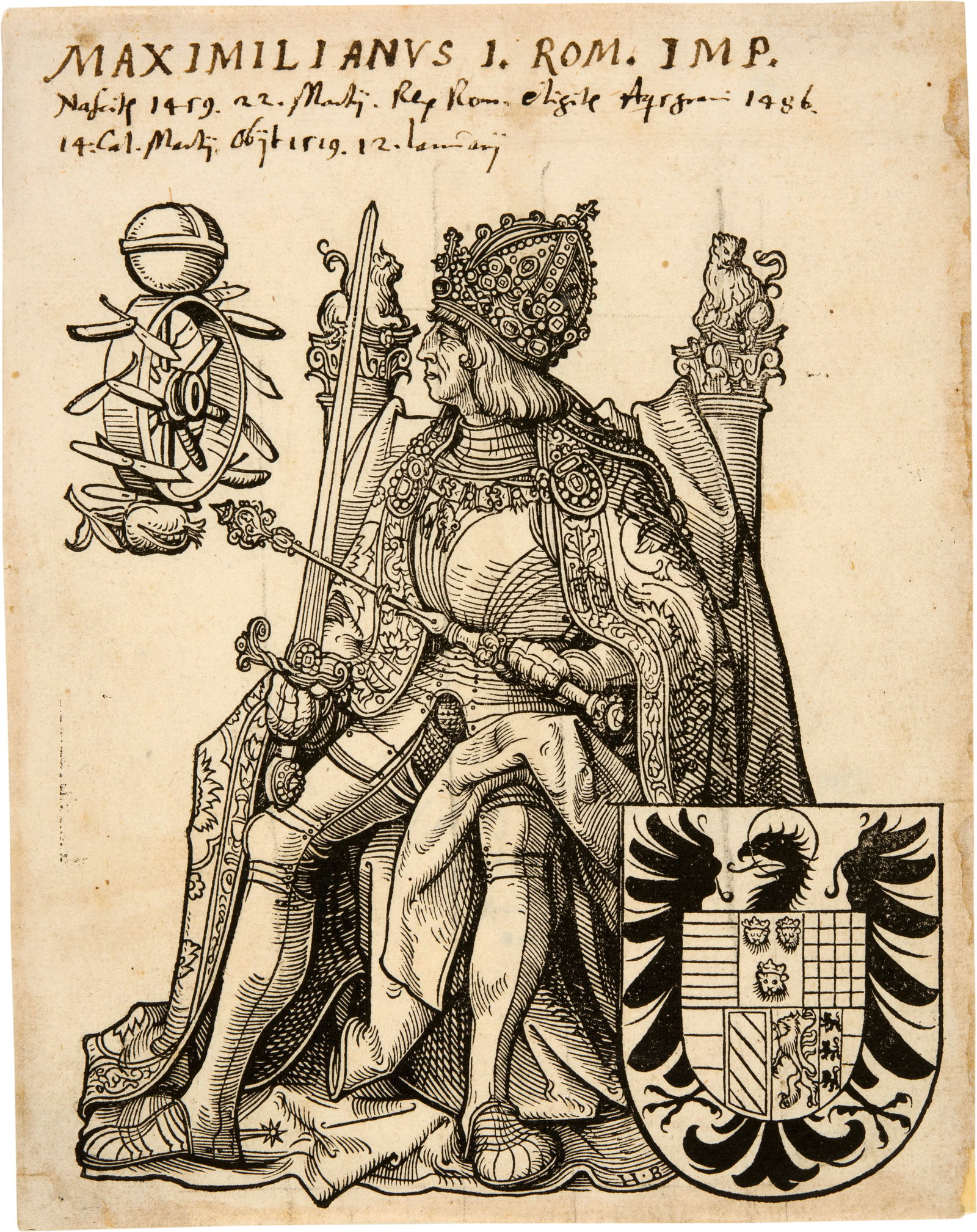Hans Burgkmair d.Ä.  (1473 Augsburg 1531) Kaiser Maximilian I. im vollen Ornat thronend, nach (1 of 4)