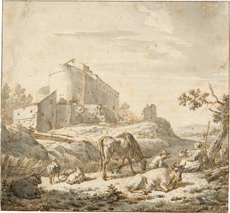 Adriaen van de Velde (1636 Amsterdam 1672) Hirtenpaar mit Kühen und Schafen vor grossem: Adriaen van de Velde (1636 Amsterdam 1672) Hirtenpaar mit Kühen und Schafen vor grossem Gebäude auf einem Hügel in Italien Circa 1666 Pen and ink in bister, washed in grey ink, on laid