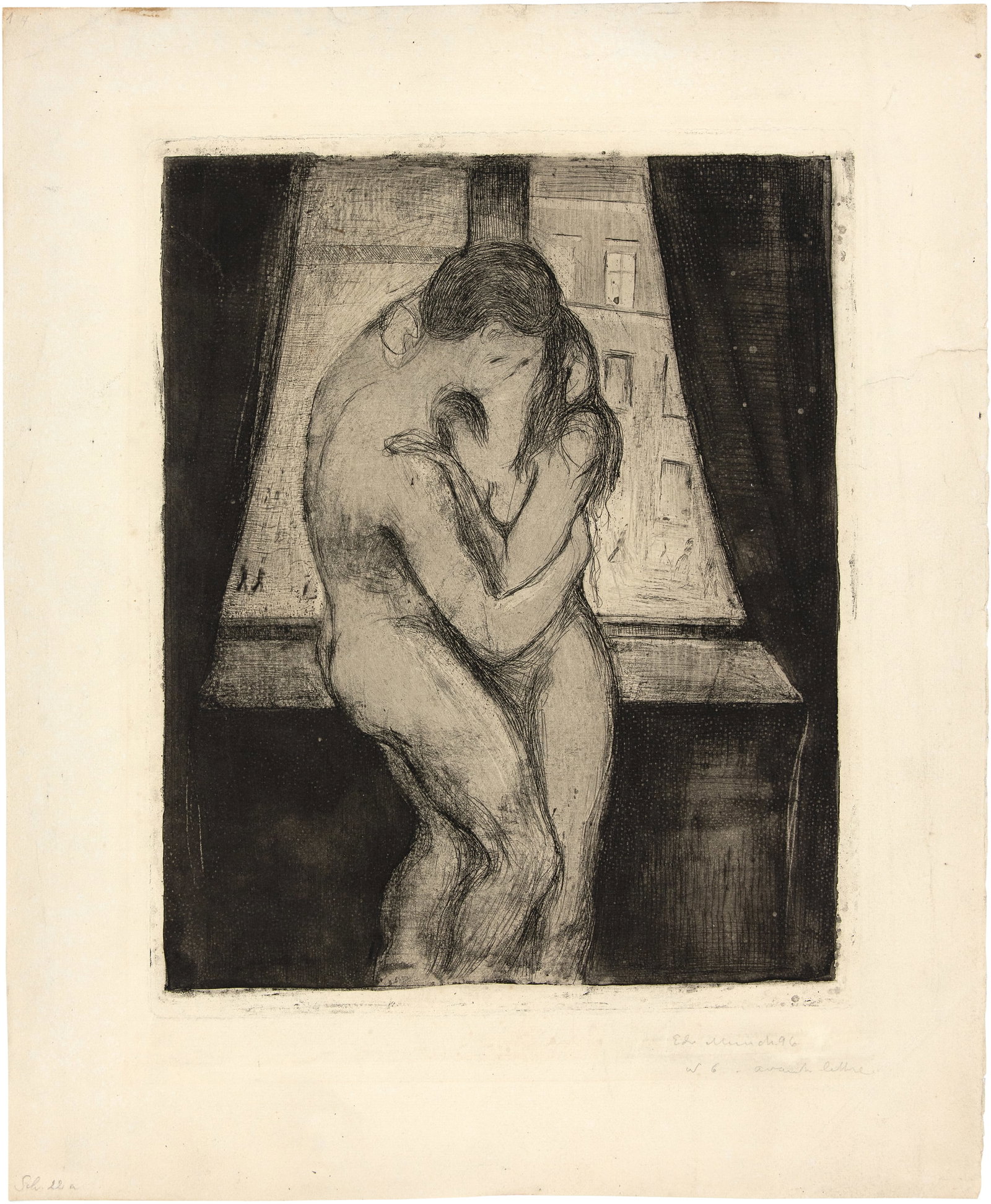 Edvard Munch (Löiten 1863 - 1944 Oslo) The Kiss - Der Kuss: Edvard Munch (Löiten 1863 - 1944 Oslo) The Kiss - Der Kuss 1895 Etching, drypoint and burnished steel mounted on paper with watermark "JMG" 34x27.5 cm, plate; 47x37.7 cm, sheet size Signature Sig