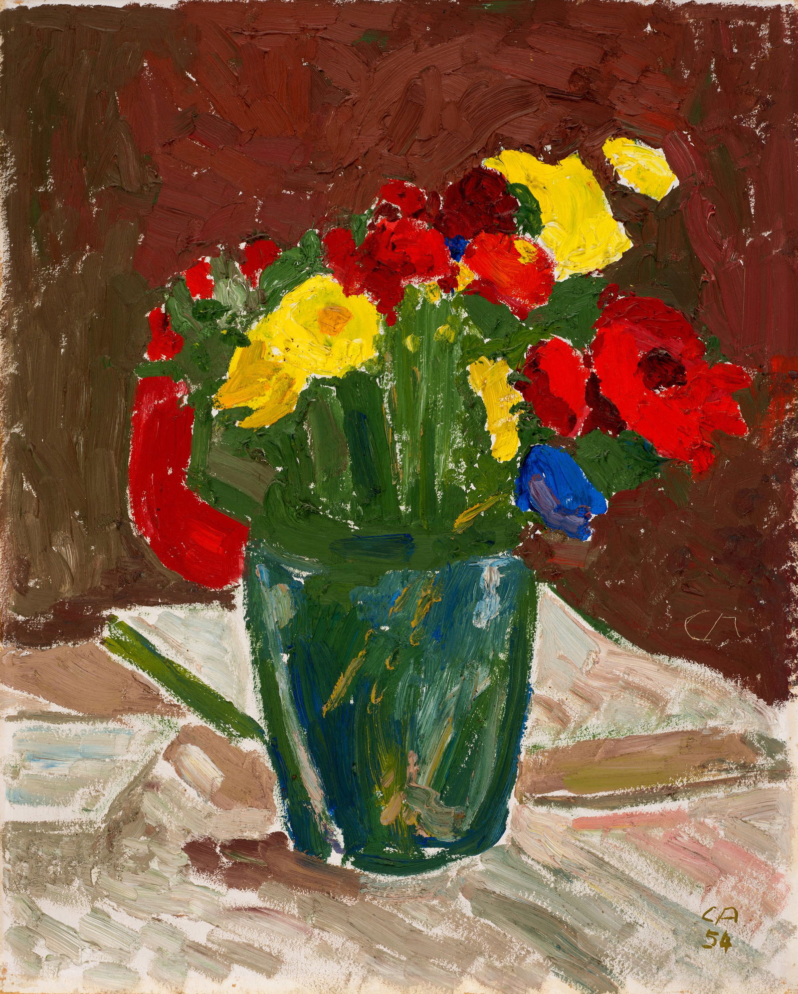 Cuno Amiet (Solothurn 1868 - 1961 Oschwand) Blumenstillleben: Cuno Amiet (Solothurn 1868 - 1961 Oschwand) Blumenstillleben 1954 Oil on fibreboard 41x33 cm Signature Lower right monogrammed and dated by the artist "CA / 54", above again with incised monogram "CA"