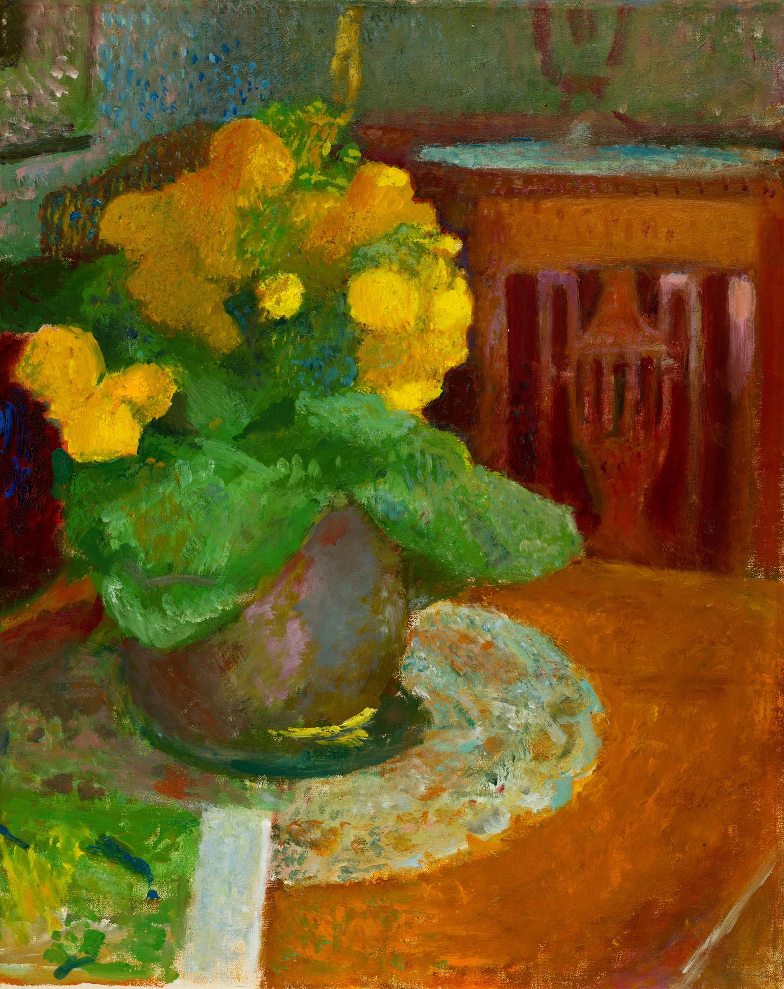 Cuno Amiet (Solothurn 1868 - 1961 Oschwand) Stillleben mit Blumen im Interieur: Cuno Amiet (Solothurn 1868 - 1961 Oschwand) Stillleben mit Blumen im Interieur 1960 Oil on canvas 41x33 cm Signature On the reverse, dated and monogrammed by the artist within a dedication " d. 9. Okt