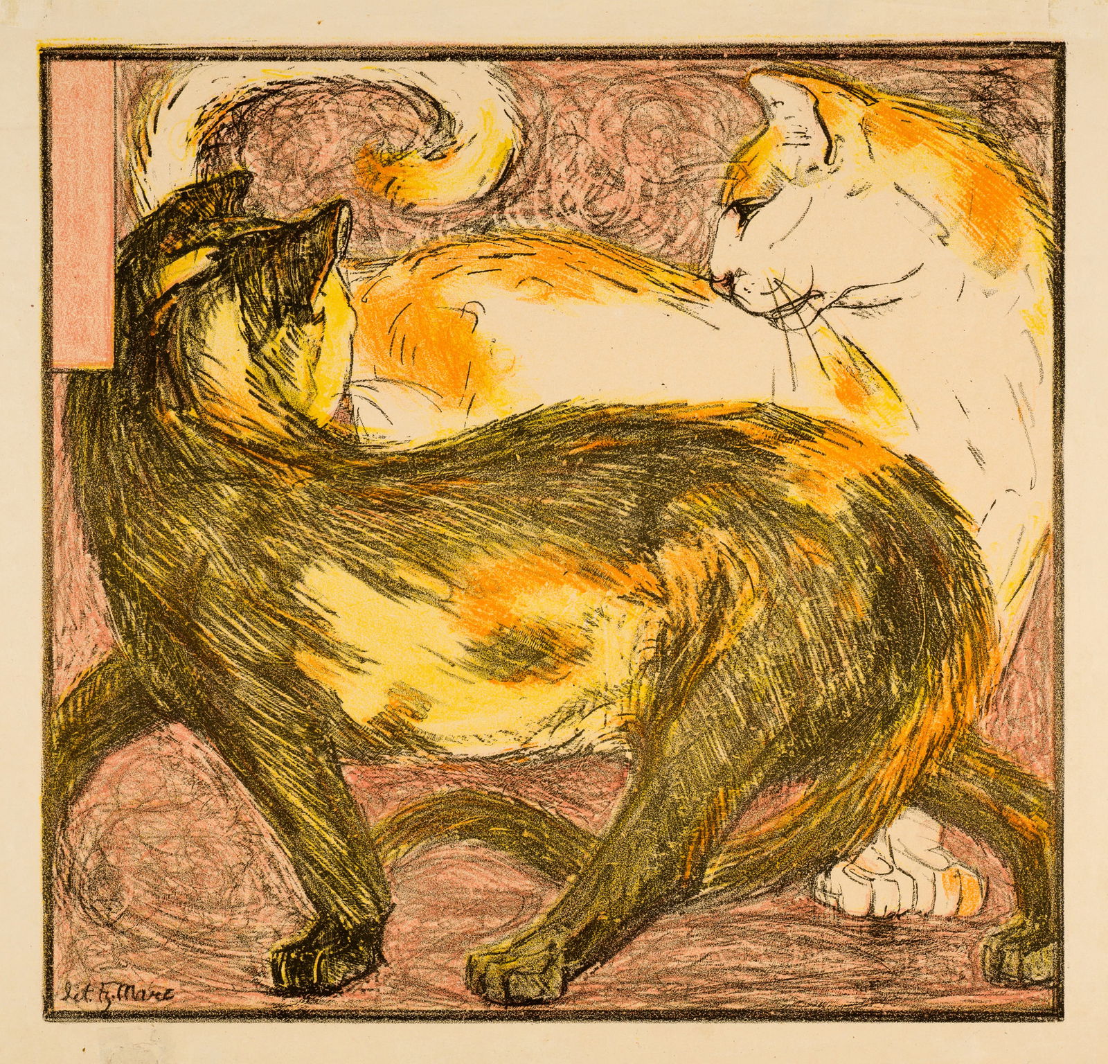 Franz Marc (München 1880 - 1916 vor Verdun) Zwei Katzen: Franz Marc (München 1880 - 1916 vor Verdun) Zwei Katzen 1909/1910 Colour lithograph on wove paper 40.2x42 cm, image; 44.8x47.2 cm, sheet size Catalogue Raisonné Hoberg/Jansen 22. Lankheit 82