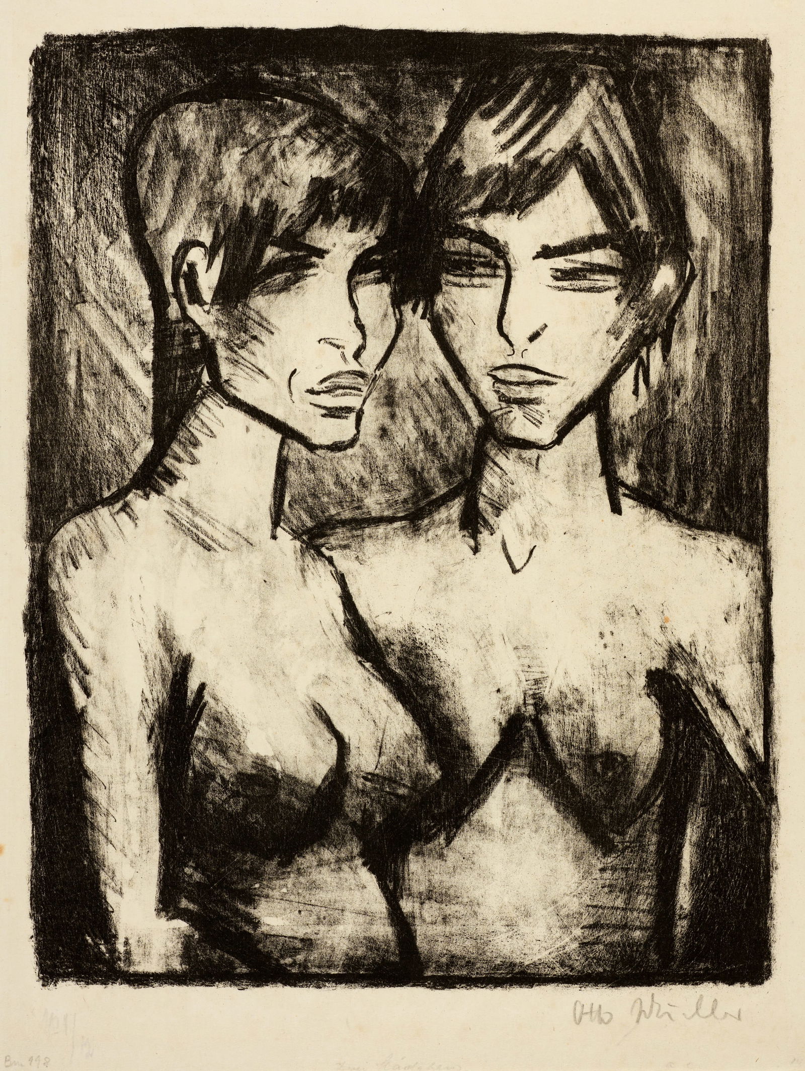 Otto Mueller (Liebau 1874 - 1930 Obernigk bei Breslau) Zwei Mädchen - Halbakte: Otto Mueller (Liebau 1874 - 1930 Obernigk bei Breslau) Zwei Mädchen - Halbakte 1920 Lithograph on Japan laid paper 43.3x33.9 cm, image; 51x37.5 cm, sheet size Signature Lower right signed by the