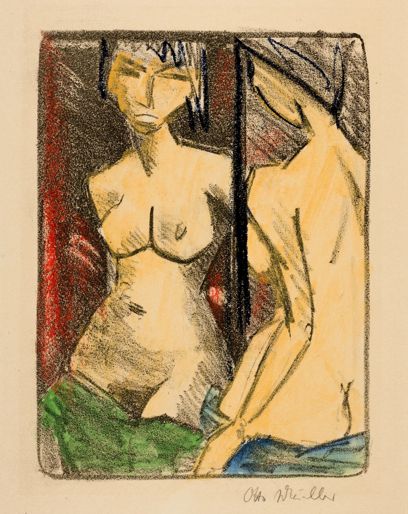 Otto Mueller (Liebau 1874 - 1930 Obernigk bei Breslau) Mädchenakt vor dem Spiegel: Otto Mueller (Liebau 1874 - 1930 Obernigk bei Breslau) Mädchenakt vor dem Spiegel 1924 Lithograph overdrawn with colour pencil and traces of watercolour on lightly hammered laid paper 38.7x28.7 c