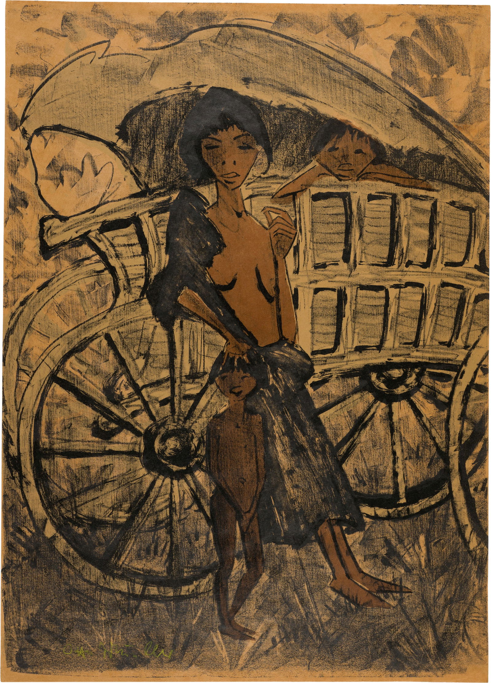 Otto Mueller (Liebau 1874 - 1930 Obernigk bei Breslau) Zigeunerin mit Kind vor dem Planwagen Blatt: Otto Mueller (Liebau 1874 - 1930 Obernigk bei Breslau) Zigeunerin mit Kind vor dem Planwagen Blatt 6 aus der Mappe "Zigeuner" 1926/1927 Colour lithograph on machine-made laid paper without wire lines