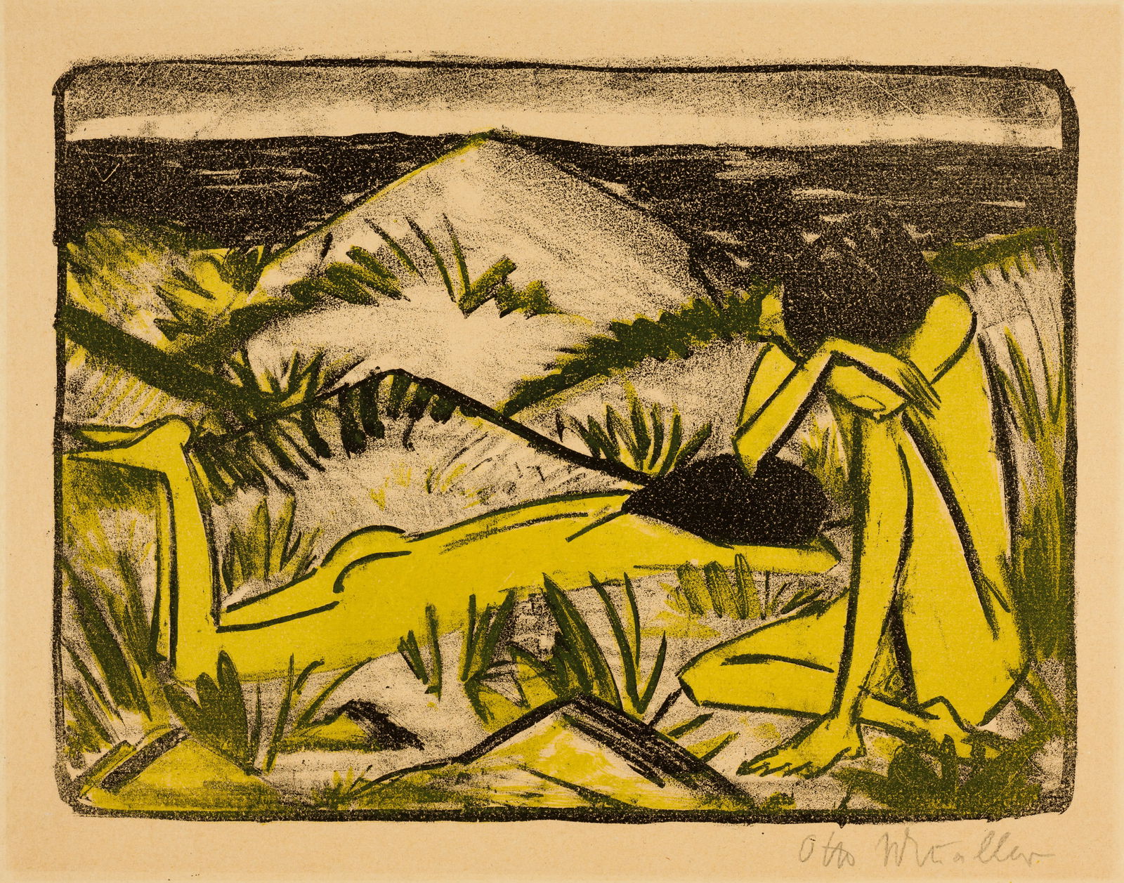 Otto Mueller (Liebau 1874 - 1930 Obernigk bei Breslau) Ein in Dünen sitzendes und ein: Otto Mueller (Liebau 1874 - 1930 Obernigk bei Breslau) Ein in Dünen sitzendes und ein liegendes Mädchen (Zwei Mädchen in den Dünen, Sylt) 1920 Colour lithograph on yellowish, light