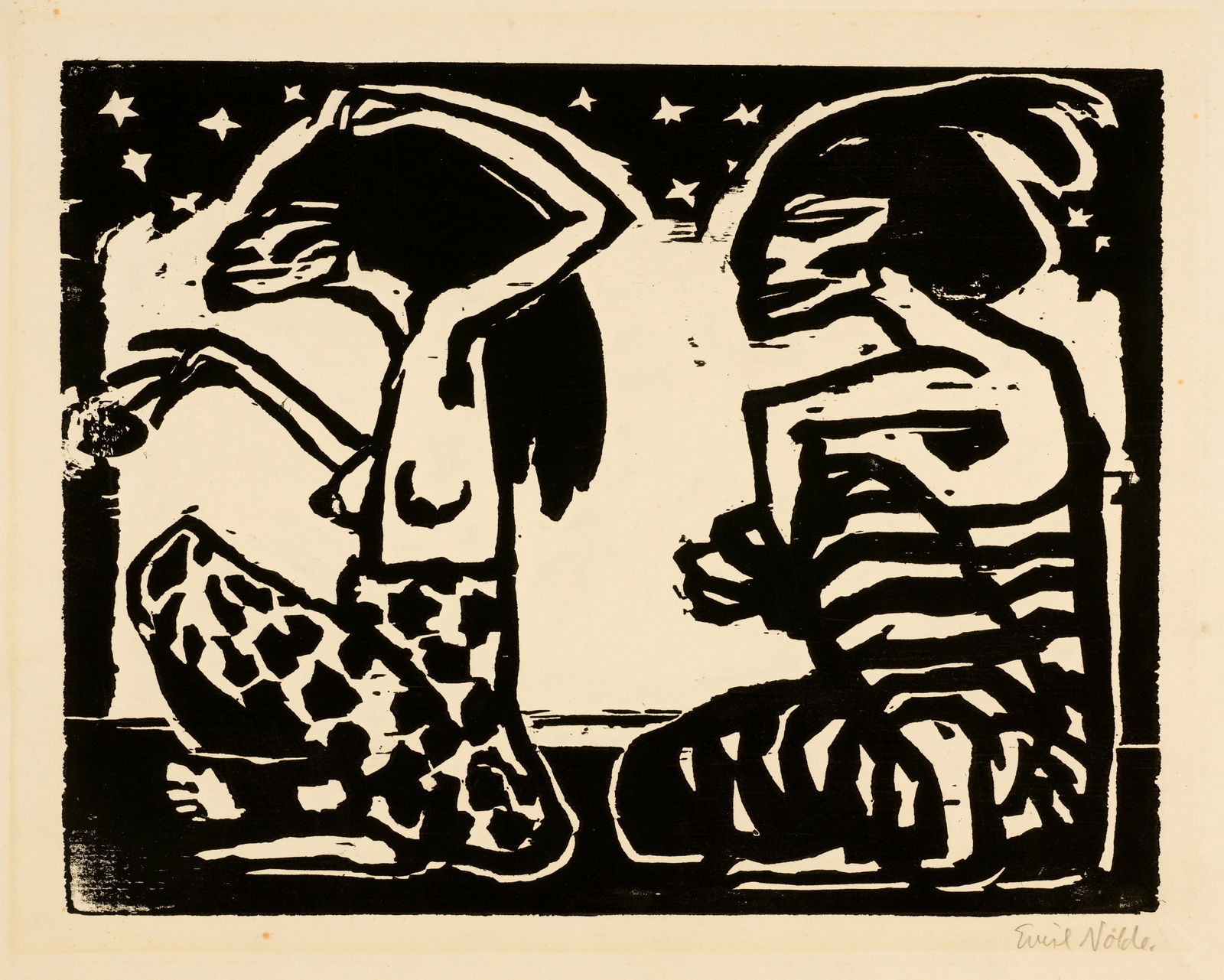 Emil Nolde (Nolde 1867 - 1956 Seebüll) Mann und Weibchen: Emil Nolde (Nolde 1867 - 1956 Seebüll) Mann und Weibchen 1912 Woodcut on heavy wove paper 23.5x30.5 cm, printing block; 30.7x41.2 cm, sheet size Signature Lower right signed by the artist in penc