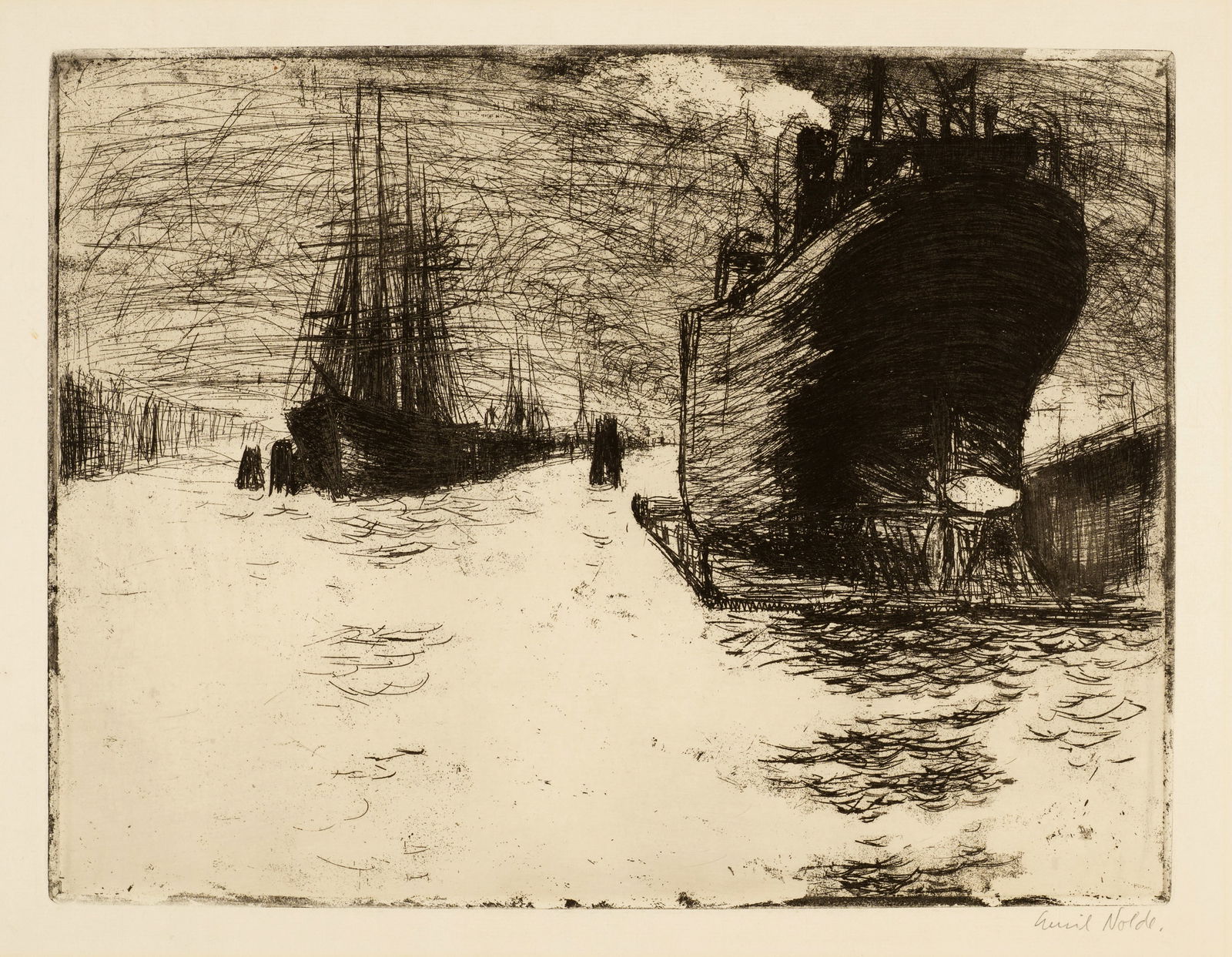 Emil Nolde (Nolde 1867 - 1956 Seebüll) Hamburg, Reiherstiegdock: Emil Nolde (Nolde 1867 - 1956 Seebüll) Hamburg, Reiherstiegdock 1910 Etching and aquatint on laid paper with watermark "VAN GELDER ZONEN" 31.2x41.2 cm, plate mark; 43.3x60.1 cm, sheet size Signat