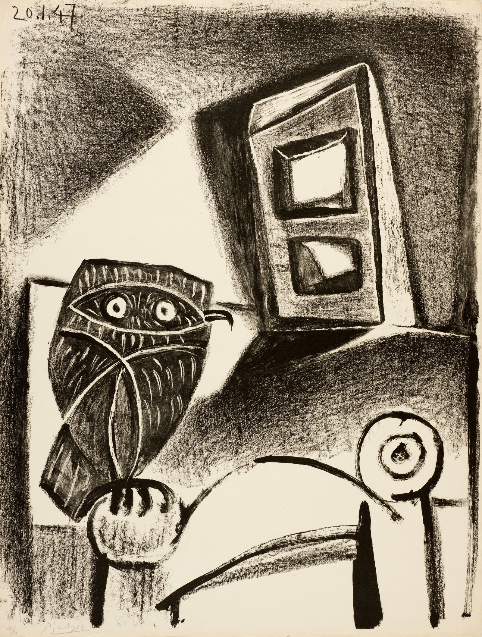 Pablo Picasso (Málaga 1881 - 1973 Mougins) Hibou à la chaise: Pablo Picasso (Málaga 1881 - 1973 Mougins) Hibou à la chaise 20.01.1947 Lithograph on Arches wove paper with watermark 65.5x50 cm, sheet size Signature Lower left signed by the artist in pen