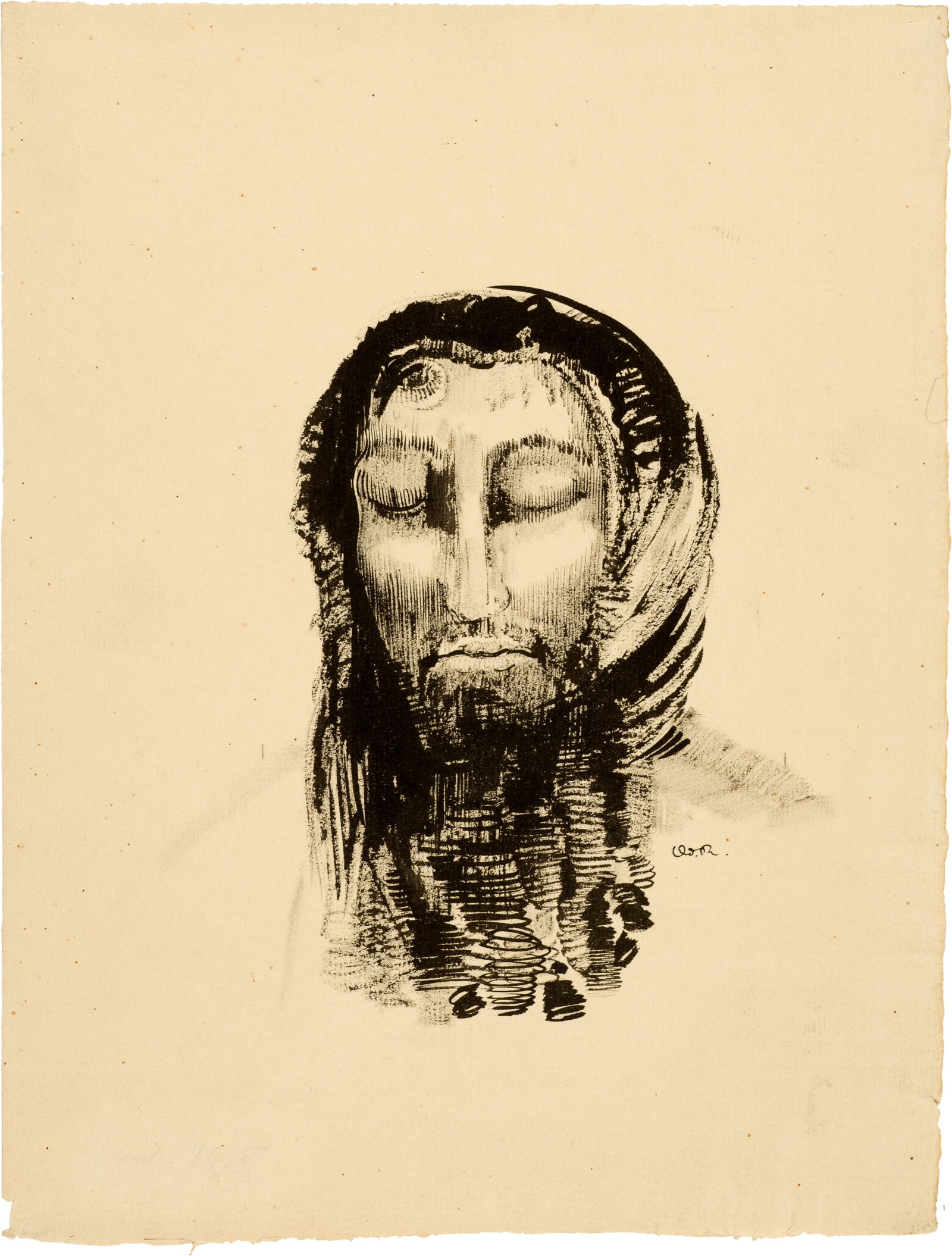 Odilon Redon (Bordeaux 1840 - 1916 Paris) Tête de Saint-Antoine: Odilon Redon (Bordeaux 1840 - 1916 Paris) Tête de Saint-Antoine Circa 1896-1900 Indian ink lightly reworked with charcoal on fine laid paper, laid down on thin cardboard 30.8x23.6 cm Signature Ce