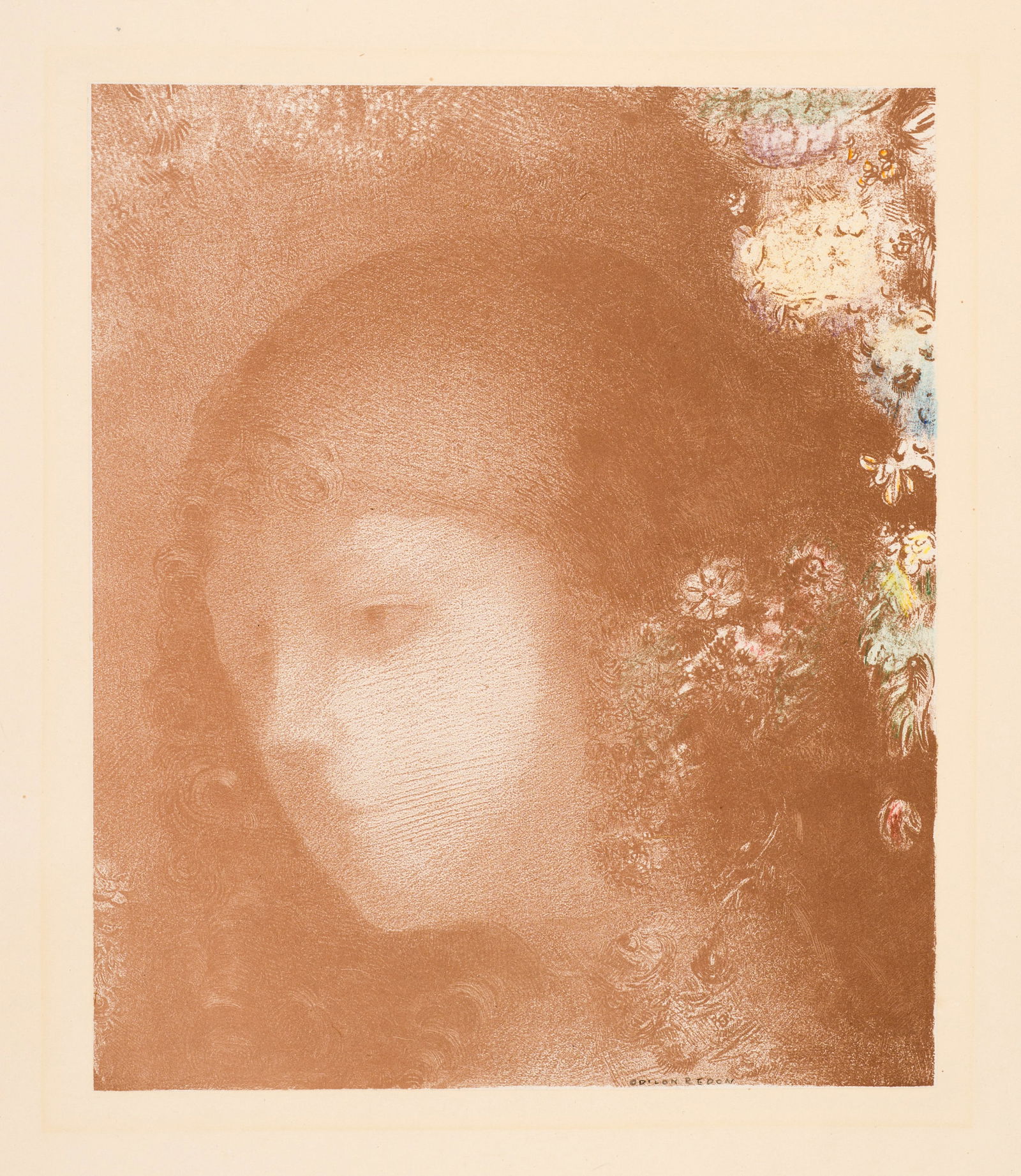 Odilon Redon (Bordeaux 1840 - 1916 Paris) Tête d'enfant avec fleurs: Odilon Redon (Bordeaux 1840 - 1916 Paris) Tête d'enfant avec fleurs 1897 Hand-coloured lithograph on chine collé on strong wove paper 25.3x21.3 cm, chine collé; 50x35.8 cm, sheet size C