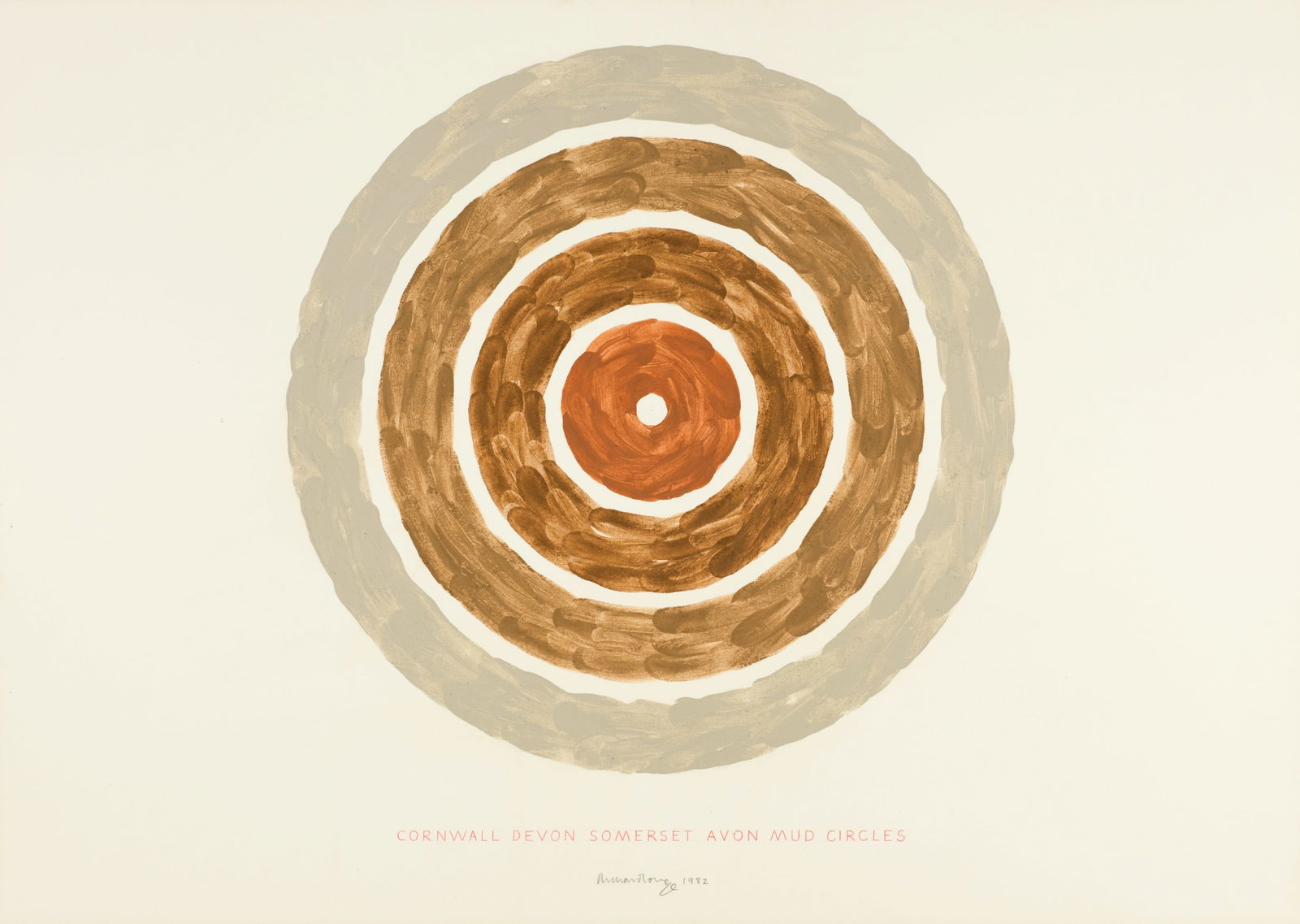 Richard Long (Bristol 1945 - lebt und arbeitet in Bristol) Cornwall, Devon, Somerset Avon Mud: Richard Long (Bristol 1945 - lebt und arbeitet in Bristol) Cornwall, Devon, Somerset Avon Mud Circles 1982 Mixed media on white cardboard 60.7x86 cm Signature Lower centre signed and dated by the arti