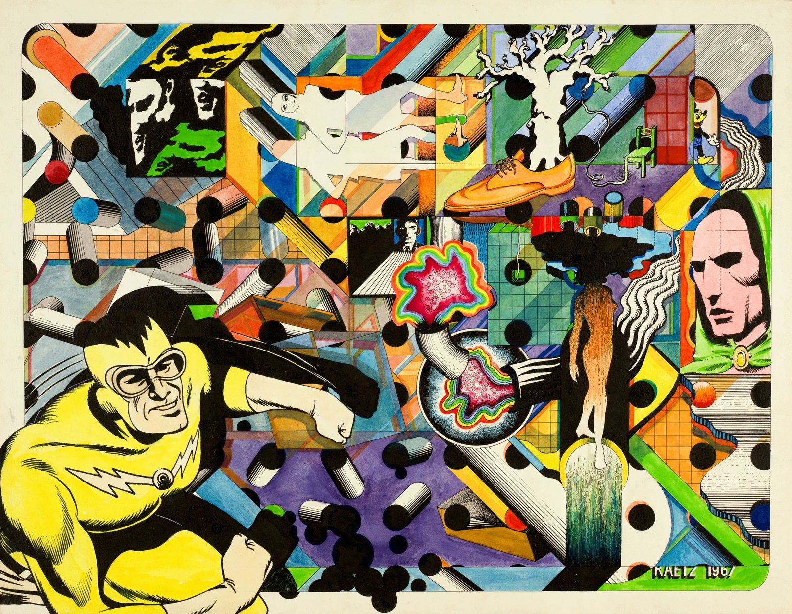 Markus Raetz (1941 Bern 2020) Superman's Cousin: Markus Raetz (1941 Bern 2020) Superman's Cousin 1967 Indian ink and watercolour on watercolour paper with watermark "LANA DOCELLES FRANCE" 50x64.5 cm Signature Lower right signed and dated by the arti