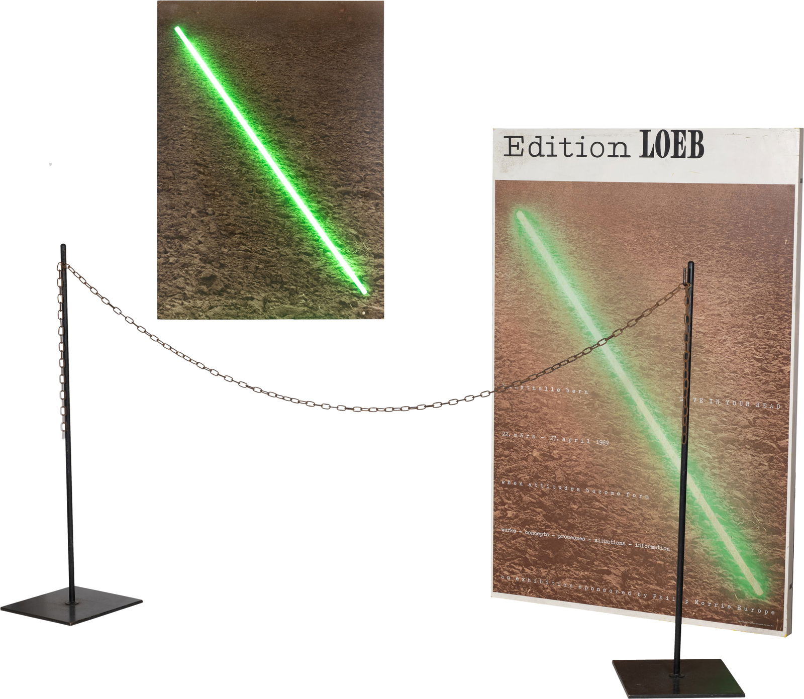 Markus Raetz (1941 Bern 2020) Ohne Titel: Markus Raetz (1941 Bern 2020) Ohne Titel 1969/1970 Photograph, mounted on chipboard, neon tube, 2 chain stands, iron chain and transformer in box with applied offset print 128.2x90.7X13.3 cm, photo pl