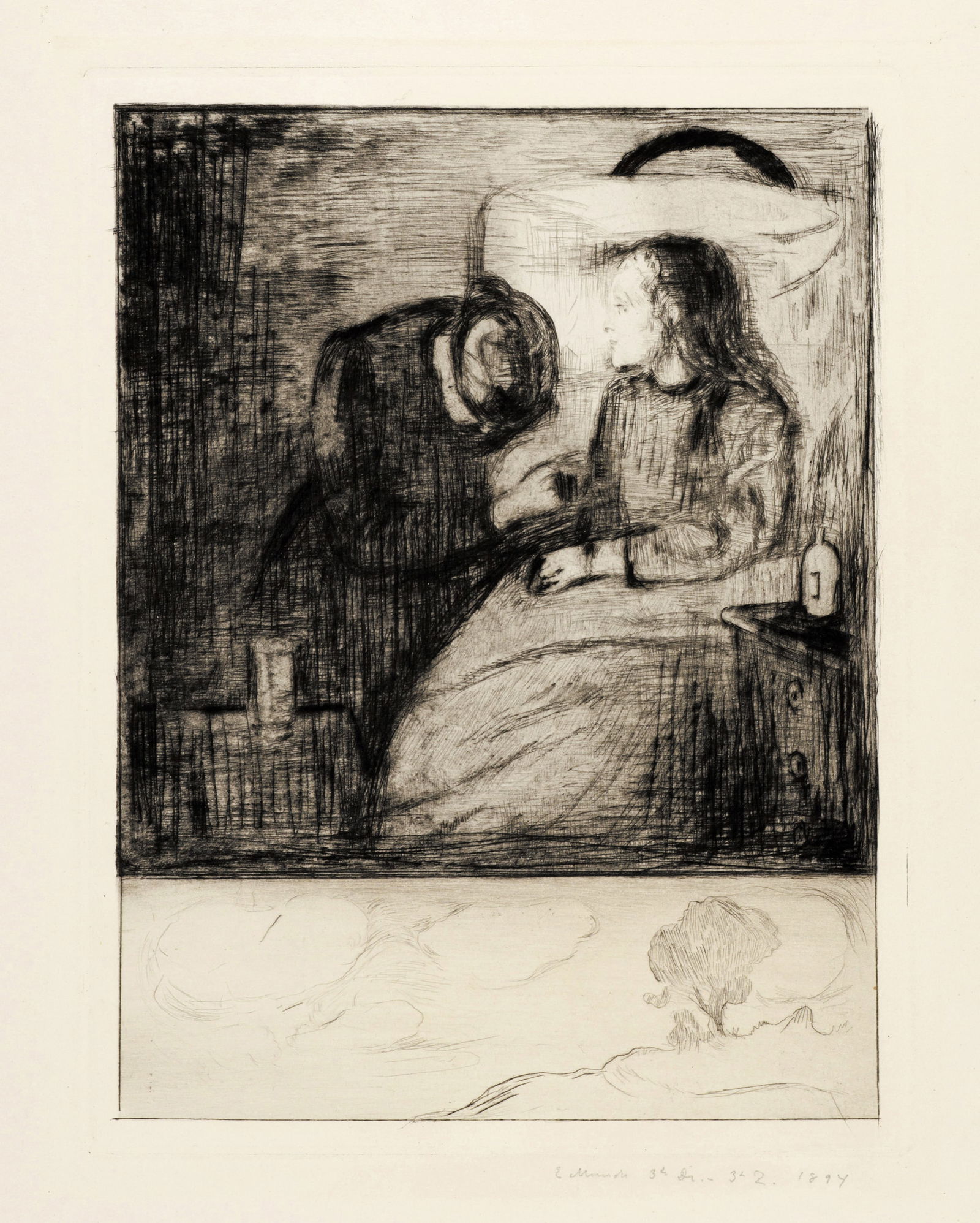Edvard Munch (Løten 1863 - 1944 Oslo) Das kranke Kind - The Sick Child: Edvard Munch (Løten 1863 - 1944 Oslo) Das kranke Kind - The Sick Child 1894 Drypoint on strong whitish wove paper 39x29.3 cm, platemark; 66x49.9 cm, sheet size Signature Below the platemark right