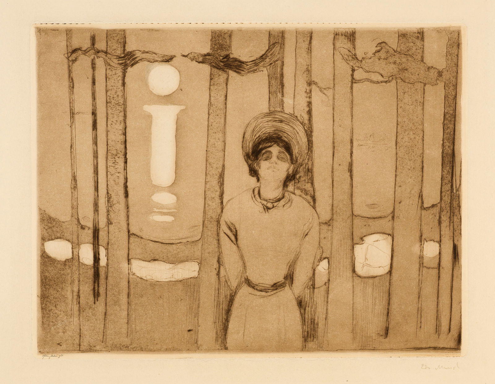 Edvard Munch (Løten 1863 - 1944 Oslo) Sommernacht. Die Stimme - Summer Night. The Voice: Edvard Munch (Løten 1863 - 1944 Oslo) Sommernacht. Die Stimme - Summer Night. The Voice 1894 Etching and drypoint on beige wove paper 25x32.4 cm, platemark; 43.6x59 cm, sheet size Signature Lower