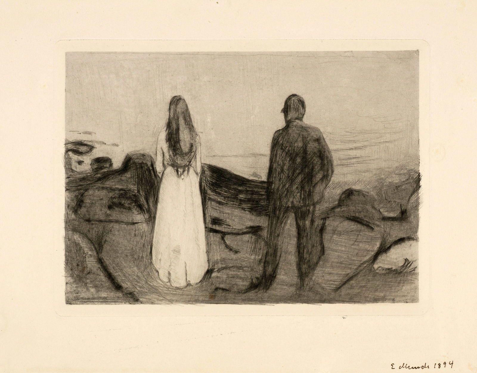 Edvard Munch (Løten 1863 - 1944 Oslo) Zwei Menschen. Die Einsamen - Two Human Beings. The: Edvard Munch (Løten 1863 - 1944 Oslo) Zwei Menschen. Die Einsamen - Two Human Beings. The Lonely Ones 1894 Drypoint and soft-ground etching on wove paper 16.7x22.7 cm, platemark; 23x33.7 cm, shee