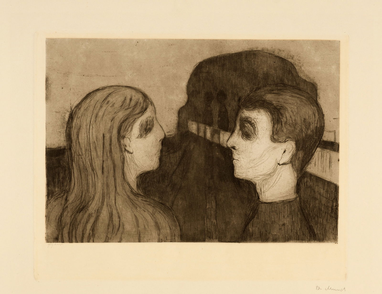 Edvard Munch (Løten 1863 - 1944 Oslo) Anziehung II - Attraction II: Edvard Munch (Løten 1863 - 1944 Oslo) Anziehung II - Attraction II 1895 Drypoint and burnisher on sturdy wove paper 26.8x33.2 cm, platemark; 44x60 cm, sheet size Signature Lower right signed by t