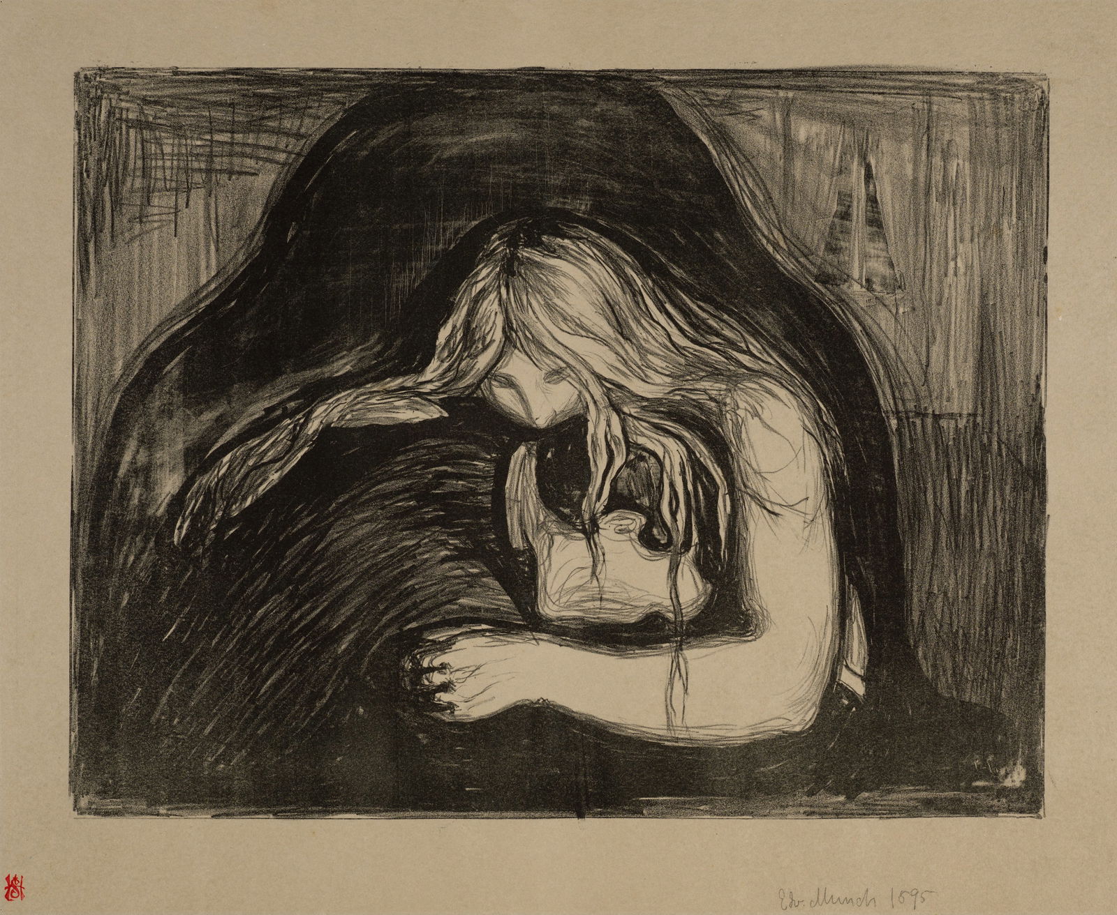Edvard Munch (Løten 1863 - 1944 Oslo) Vampir I - Vampire I: Edvard Munch (Løten 1863 - 1944 Oslo) Vampir I - Vampire I 1895 Lithograph on heavy greyish-beige wove paper 36.2x46.8 cm, image; 48.6x63.8 cm, sheet size Signature Lower right signed by the arti