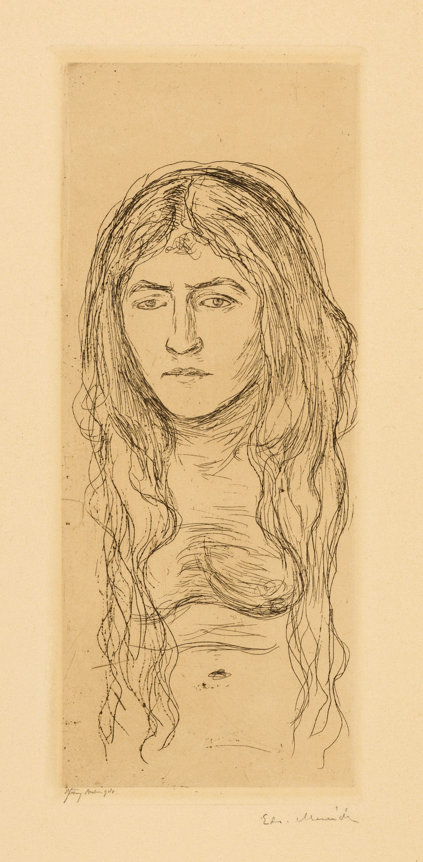 Edvard Munch (Løten 1863 - 1944 Oslo) Weib mit langem Haar - Woman with Long Hair: Edvard Munch (Løten 1863 - 1944 Oslo) Weib mit langem Haar - Woman with Long Hair 1896 Etching on sturdy yellowish-beige wove paper 24.7x10.4 cm, platemark; 48.6x35 cm, sheet size Signature Lower