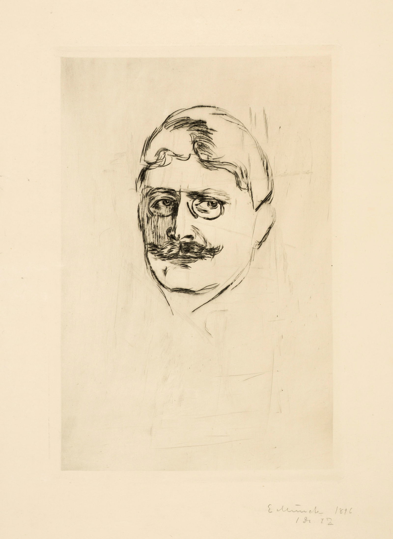 Edvard Munch (Løten 1863 - 1944 Oslo) Knut Hamsun: Edvard Munch (Løten 1863 - 1944 Oslo) Knut Hamsun 1896 Drypoint on cream-coloured wove paper 29.4x20 cm, platemark; 46x37.4 cm, sheet size Signature Lower right signed and dated by the artist in