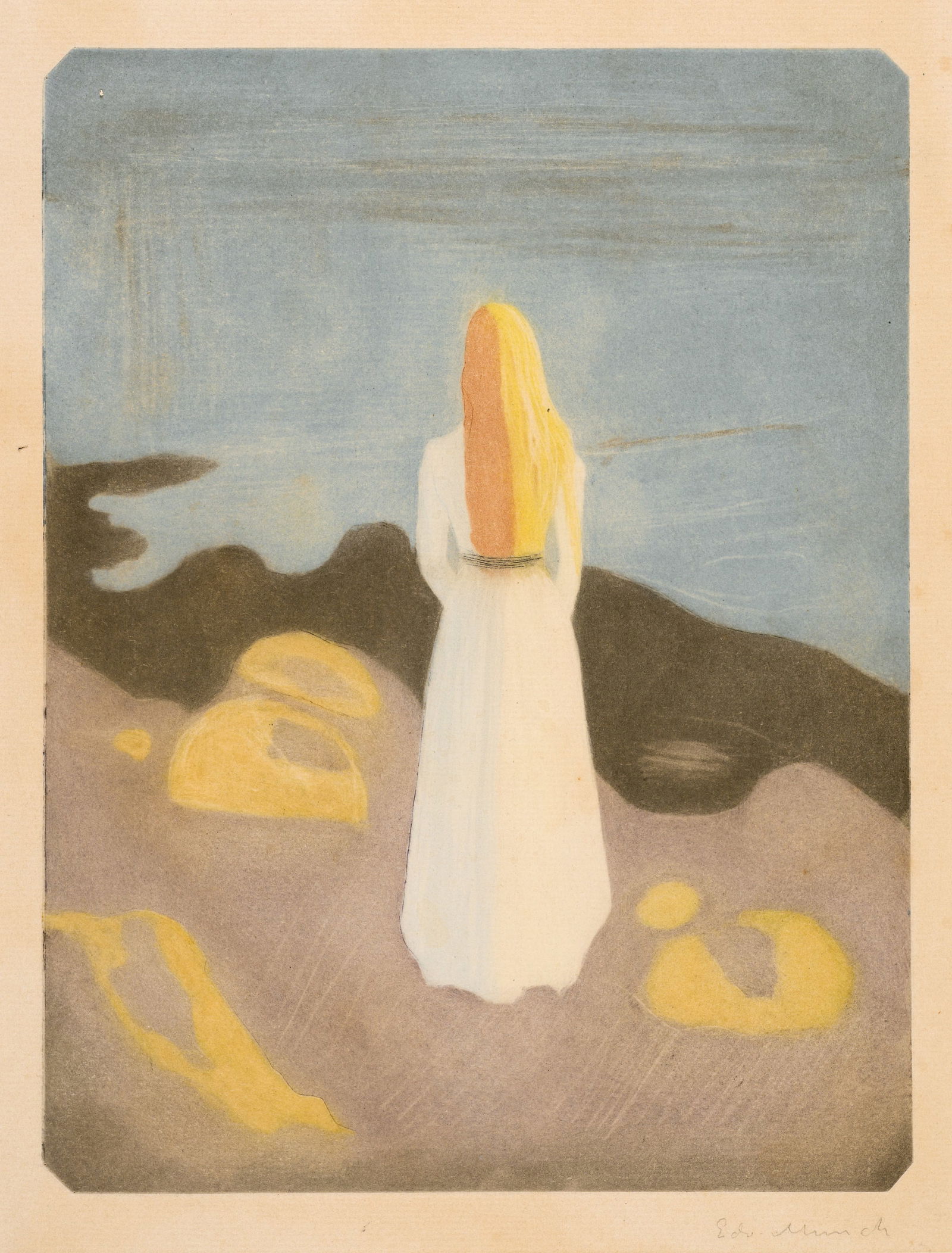 Edvard Munch (Løten 1863 - 1944 Oslo) Junge Frau am Strand - Young Woman on the Beach: Edvard Munch (Løten 1863 - 1944 Oslo) Junge Frau am Strand - Young Woman on the Beach 1896 Mezzotint and drypoint on Arches laid paper with watermark 28.8x21.8 cm, platemark; 42.1x31 cm, sheet si