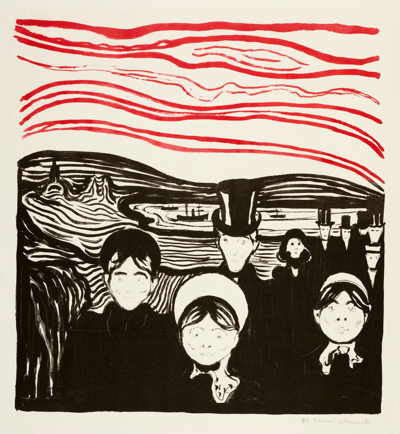 Edvard Munch (Løten 1863 - 1944 Oslo) Angst: Edvard Munch (Løten 1863 - 1944 Oslo) Angst 1896 Colour lithograph on wove paper 41x38.8 cm, image size; 57x43.1 cm, sheet size Signature Beneath the image right numbered and signed by the artist