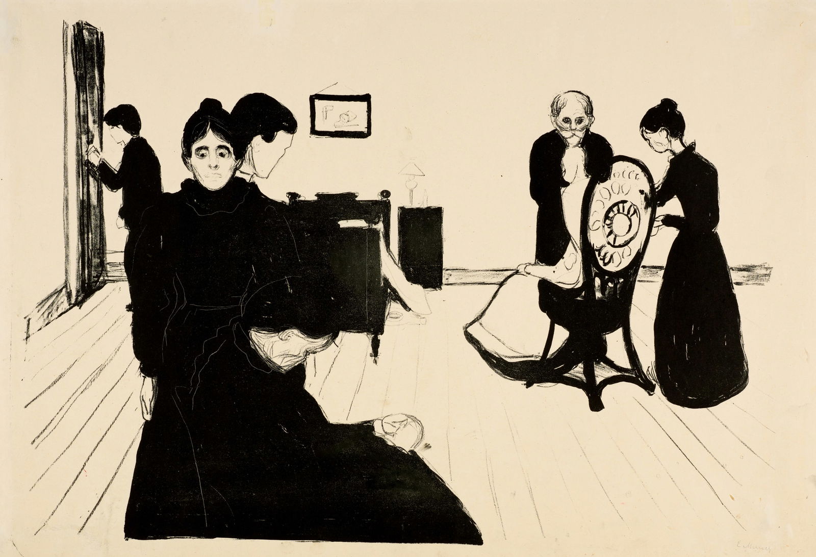 Edvard Munch (Løten 1863 - 1944 Oslo) Der Tod im Krankenzimmer - Death in the Sickroom: Edvard Munch (Løten 1863 - 1944 Oslo) Der Tod im Krankenzimmer - Death in the Sickroom 1896 Lithograph on cream wove paper 38.7x59 cm, image; 43.6x65.6 cm, sheet size Signature Lower right signed