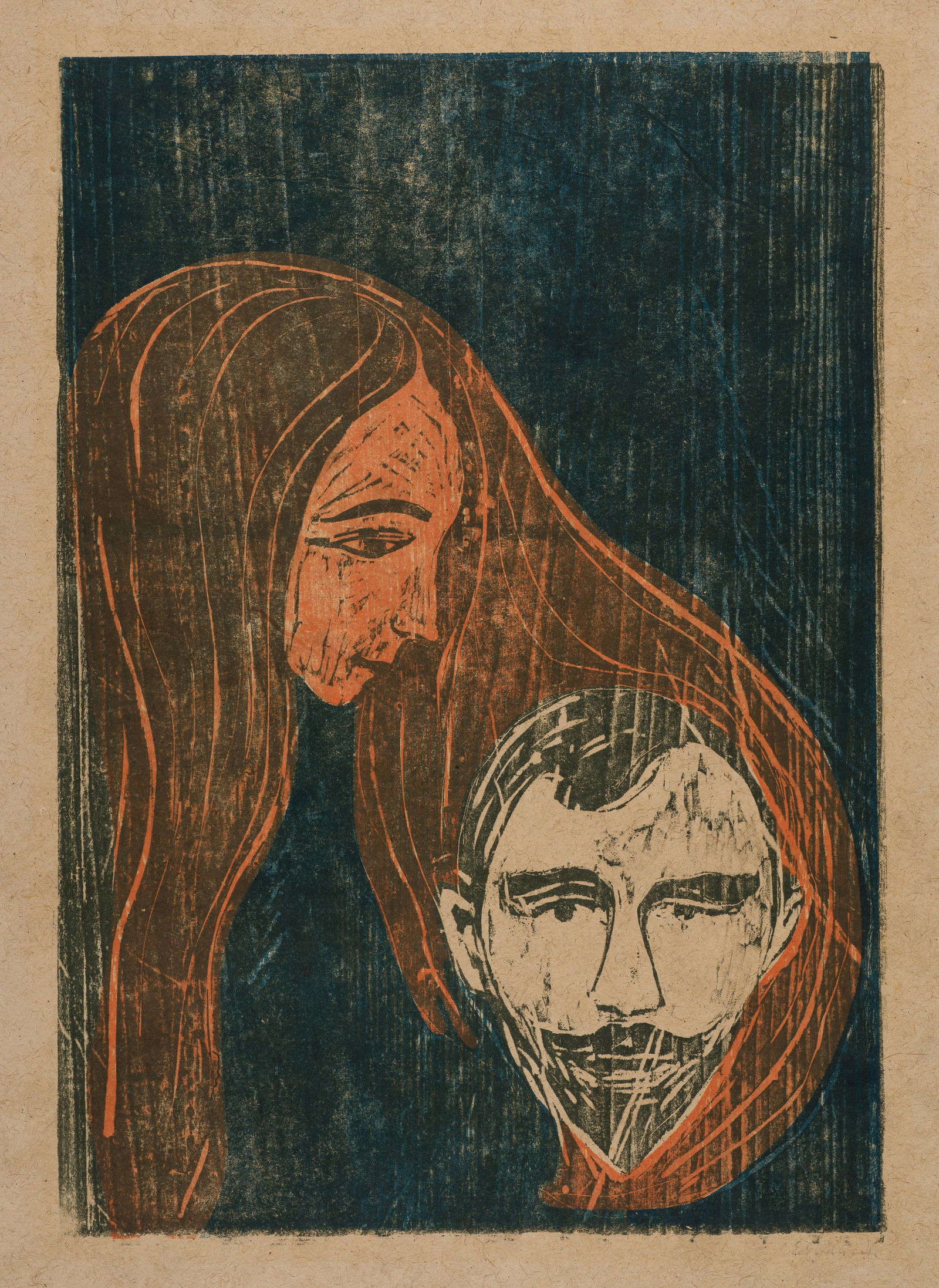 Edvard Munch (Løten 1863 - 1944 Oslo) Männerkopf in Frauenhaar - Man's Head in Woman's: Edvard Munch (Løten 1863 - 1944 Oslo) Männerkopf in Frauenhaar - Man's Head in Woman's Hair 1896 Colour woodcut on sturdy brownish paper 54.3x38.2 cm, wood block; 65x49.3 cm, sheet size Sign