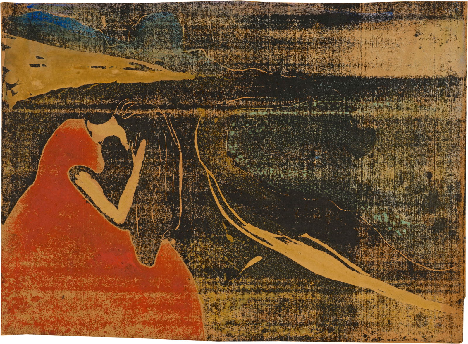 Edvard Munch (Løten 1863 - 1944 Oslo) Melancholie II - Melancholy II: Edvard Munch (Løten 1863 - 1944 Oslo) Melancholie II - Melancholy II 12.03.1905 Colour woodcut, hand-coloured on brownish paper, mounted on light cardboard 30x42.7 cm, sheet size (irregular); 47.