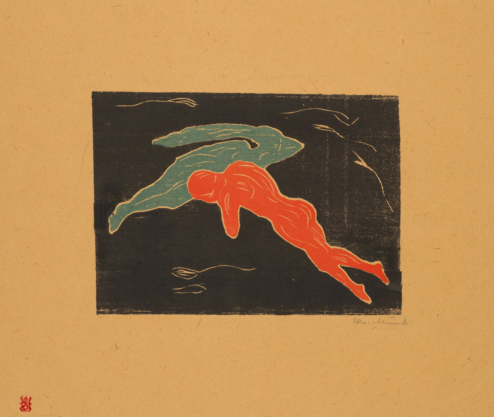 Edvard Munch (Løten 1863 - 1944 Oslo) Begegnung im Weltall: Edvard Munch (Løten 1863 - 1944 Oslo) Begegnung im Weltall 1898-1899 Colour woodcut on sturdy brownish wove paper 18.3x25.3 cm, printing block; 67.6x56.2 cm, sheet size Signature Lower right belo