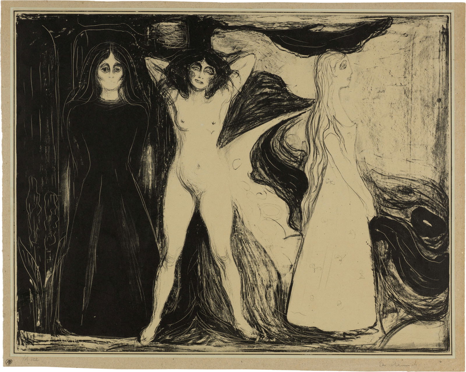 Edvard Munch (Løten 1863 - 1944 Oslo) Das Weib - Woman: Edvard Munch (Løten 1863 - 1944 Oslo) Das Weib - Woman 1899 Lithograph on bluish wove paper, laid down on greyish-brown cardboard 46.3x59.4 cm, image; 47.3x60.2 cm, sheet size; 49.6x62.7 cm, back