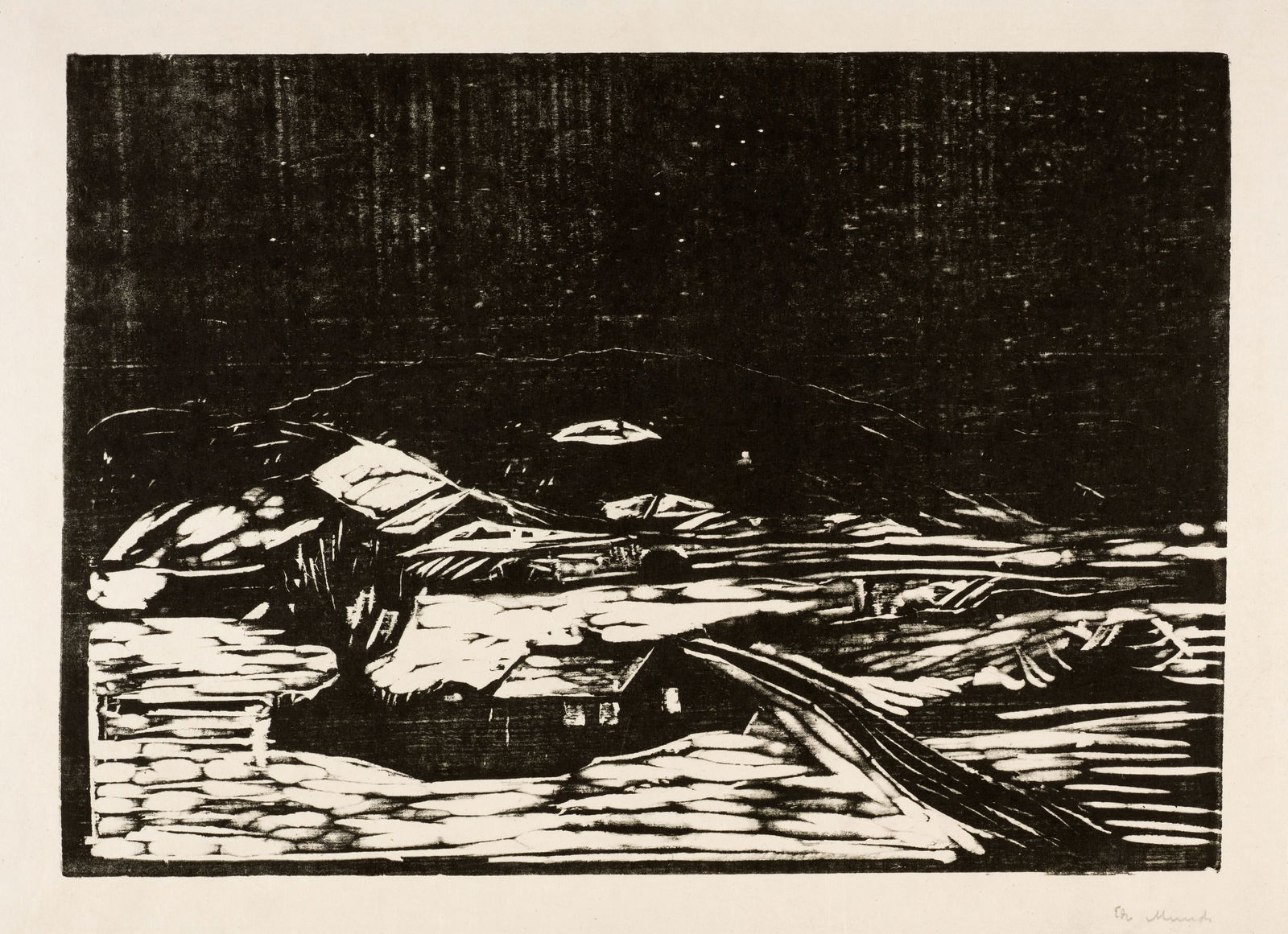 Edvard Munch (Løten 1863 - 1944 Oslo) Grosse Schneelandschaft - Winter Landscape: Edvard Munch (Løten 1863 - 1944 Oslo) Grosse Schneelandschaft - Winter Landscape 1898 Woodcut on Japan paper 32.2x45.6 cm, printing block; 41.5x57.5 cm, sheet size Signature Lower right signed by