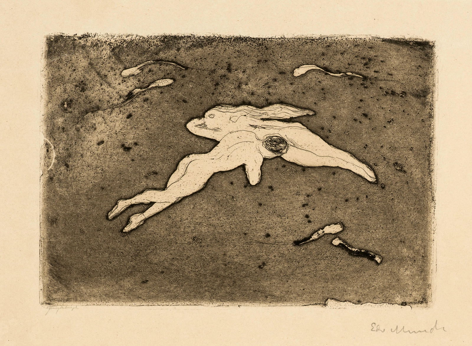 Edvard Munch (Løten 1863 - 1944 Oslo) Begegnung im Weltall - Encounter in Space: Edvard Munch (Løten 1863 - 1944 Oslo) Begegnung im Weltall - Encounter in Space 1902 Line etching on strong yellowish wove paper 13x18.9 cm, platemark; 30.5x45 cm, sheet size Signature Below the