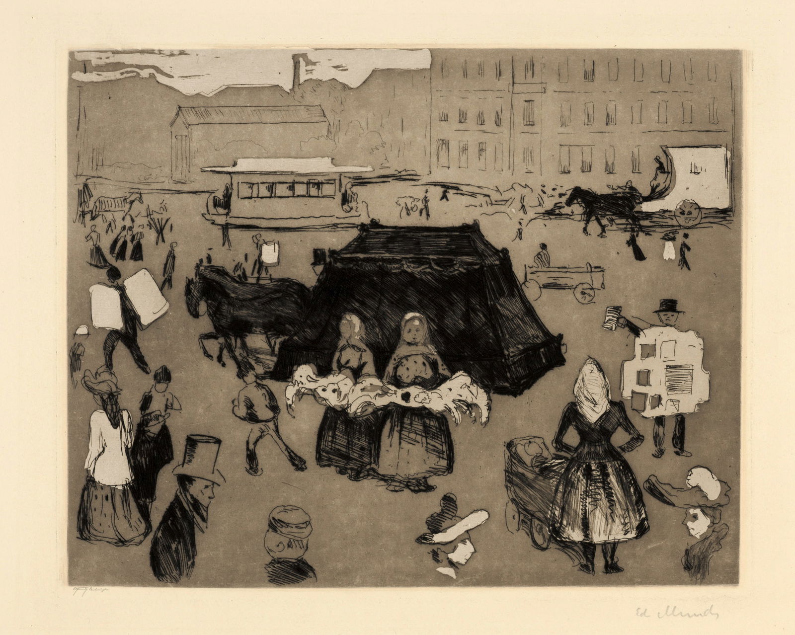 Edvard Munch (Løten 1863 - 1944 Oslo) Der Leichenwagen. Potsdamer Platz - The Hearse.: Edvard Munch (Løten 1863 - 1944 Oslo) Der Leichenwagen. Potsdamer Platz - The Hearse. Potsdamer Platz 1902 Line etching, drypoint and aquatint on sturdy yellowish wove paper 23.8x29.8 cm, platema