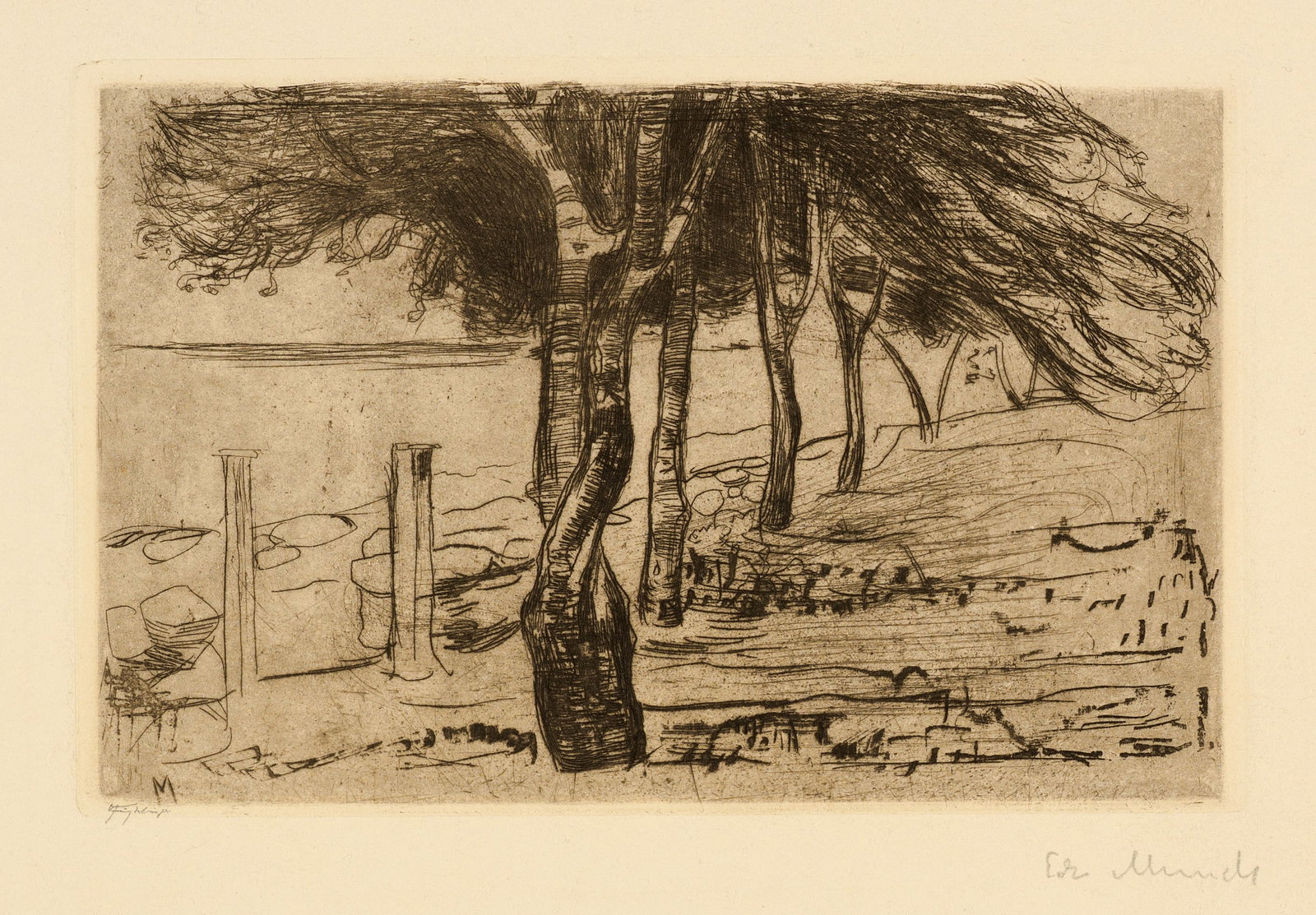 Edvard Munch (Løten 1863 - 1944 Oslo) Strandlandschaft - Beach Landscape: Edvard Munch (Løten 1863 - 1944 Oslo) Strandlandschaft - Beach Landscape 1902 Etching on yellowish copperplate paper 13x20.1 cm, platemark; 31.7x45.1 cm, sheet size Signature Lower right signed b
