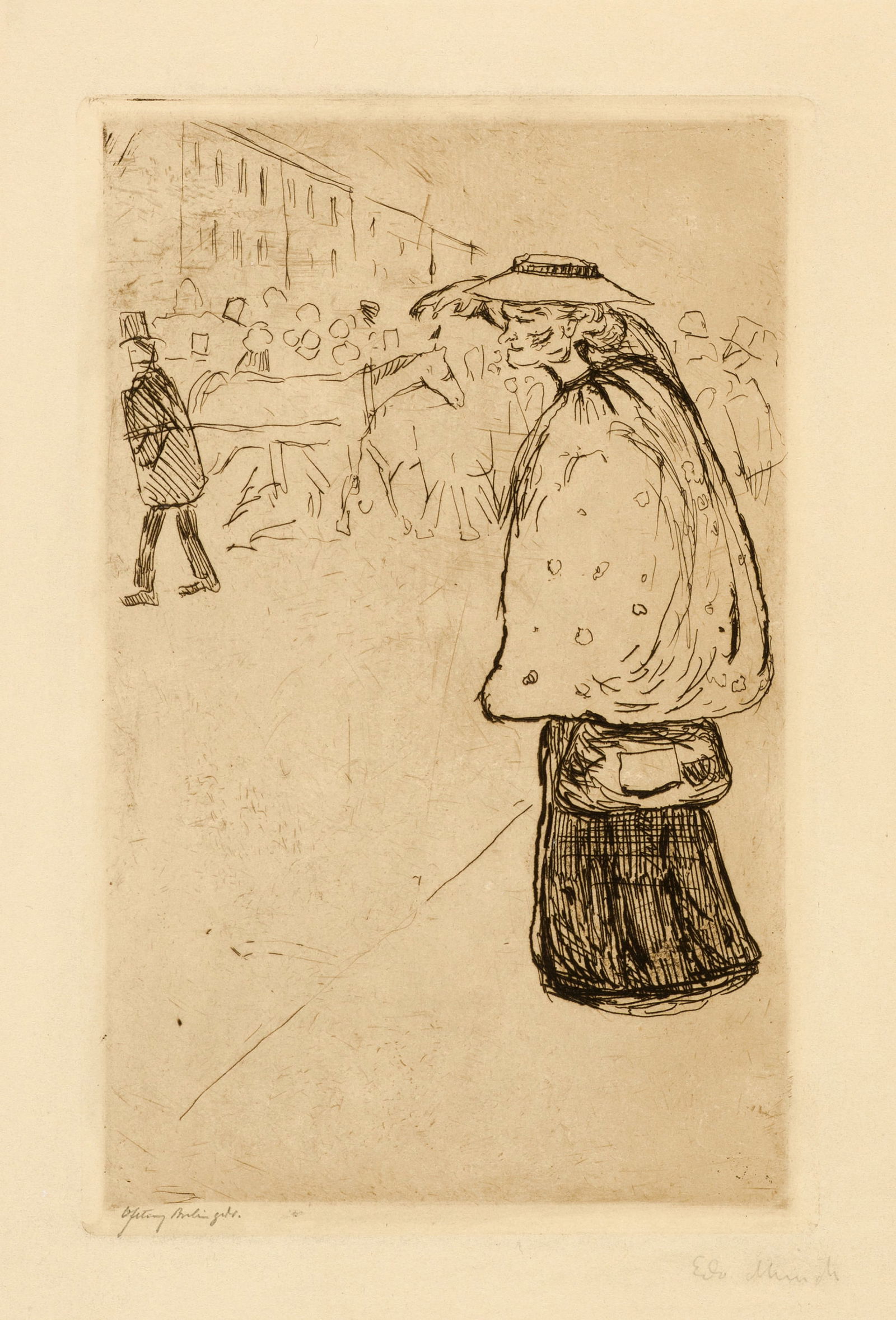 Edvard Munch (Løten 1863 - 1944 Oslo) Strassentype - The Sailor's Bride: Edvard Munch (Løten 1863 - 1944 Oslo) Strassentype - The Sailor's Bride 1902 Etching on sturdy yellowish wove paper 20x13 cm, platemark; 40.9x28.4 cm, sheet size Signature Below the platemark rig