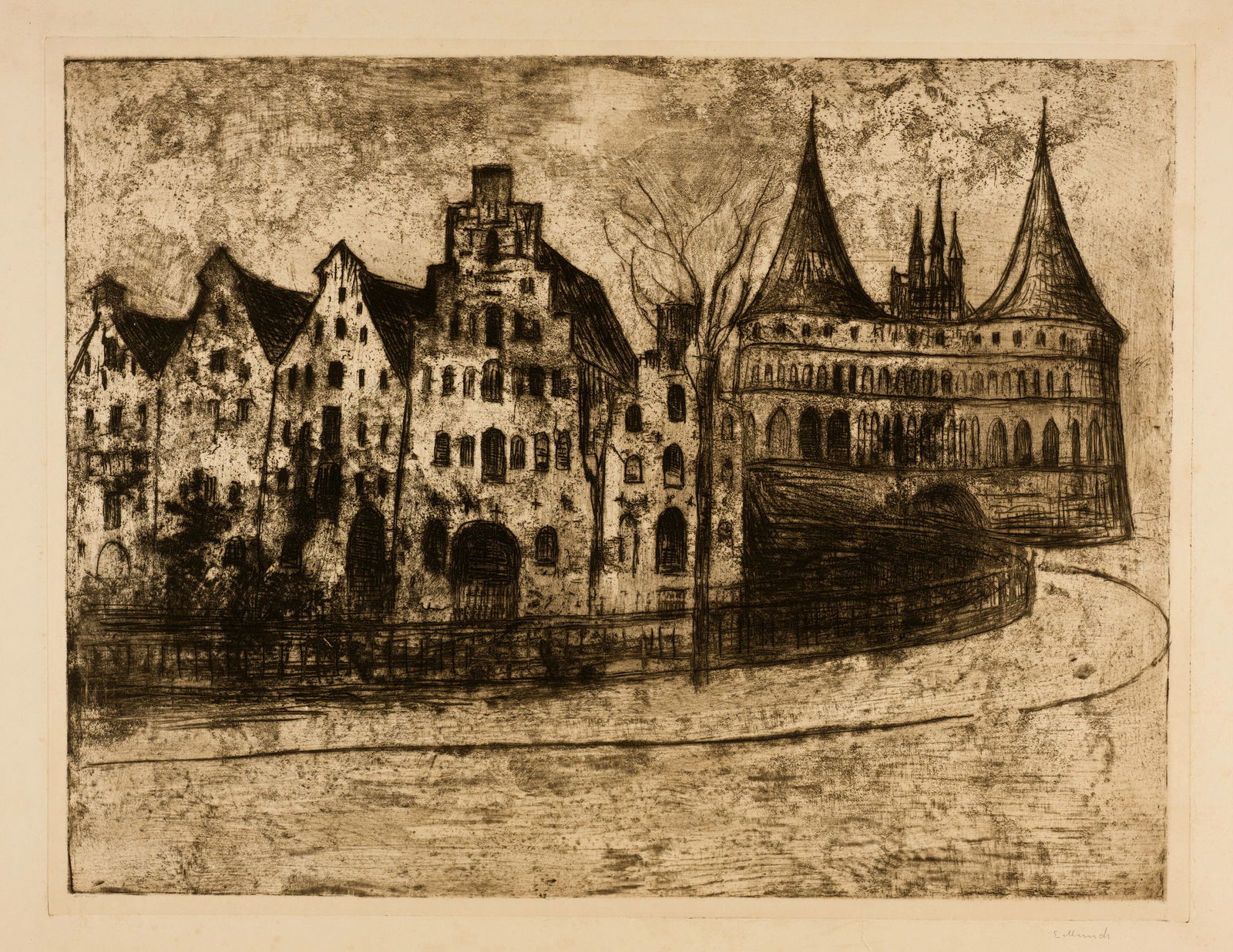 Edvard Munch (Løten 1863 - 1944 Oslo) Lübeck: Edvard Munch (Løten 1863 - 1944 Oslo) Lübeck 1903 Etching on heavy cream wove paper 49.5x64.7 cm, platemark; 63x79.8 cm, sheet size Signature Lower right signed by the artist in pencil 'E. M