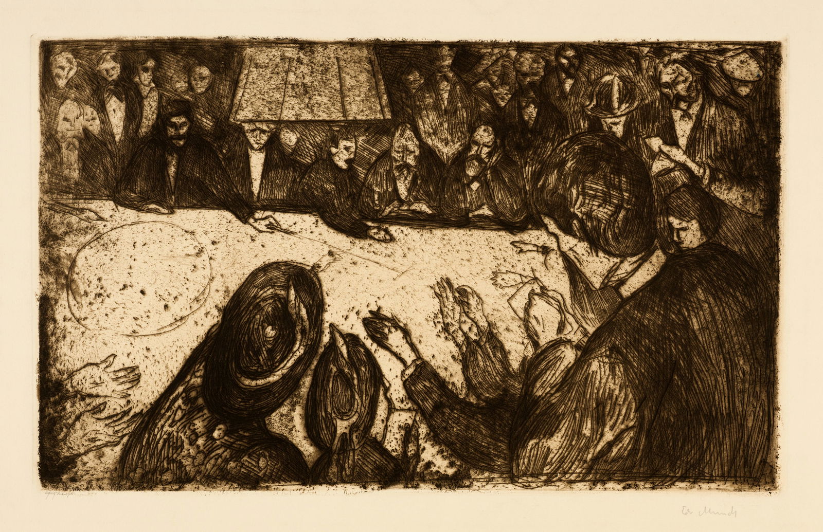 Edvard Munch (Løten 1863 - 1944 Oslo) Roulettetisch - The Roulette Table: Edvard Munch (Løten 1863 - 1944 Oslo) Roulettetisch - The Roulette Table 1903 Etching on beige wove paper 26.8x44 cm, platemark; 44x60 cm, sheet size Signature Lower right signed by the artist in