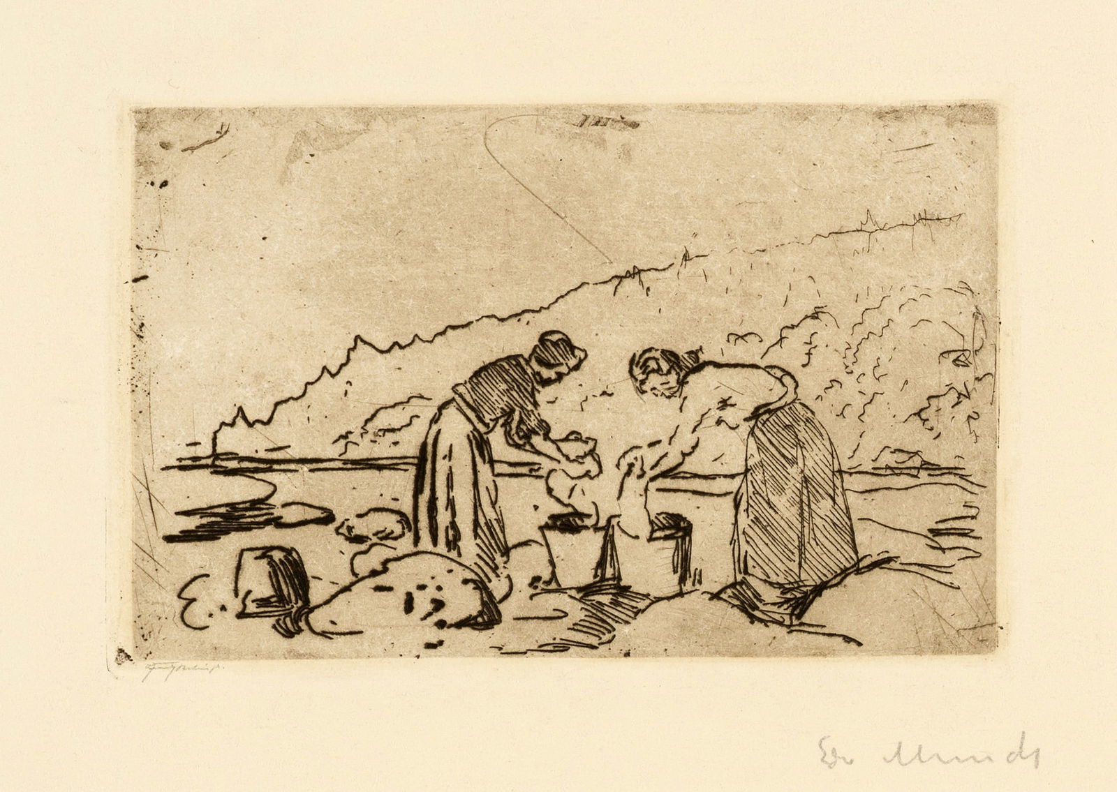 Edvard Munch (Løten 1863 - 1944 Oslo) Wäscherinnen am Strand - Washerwomen on the Beach: Edvard Munch (Løten 1863 - 1944 Oslo) Wäscherinnen am Strand - Washerwomen on the Beach 1903 Etching on yellowish wove paper 9.7x14.7 cm, platemark; 31.5x44.9 cm, sheet size Signature Below