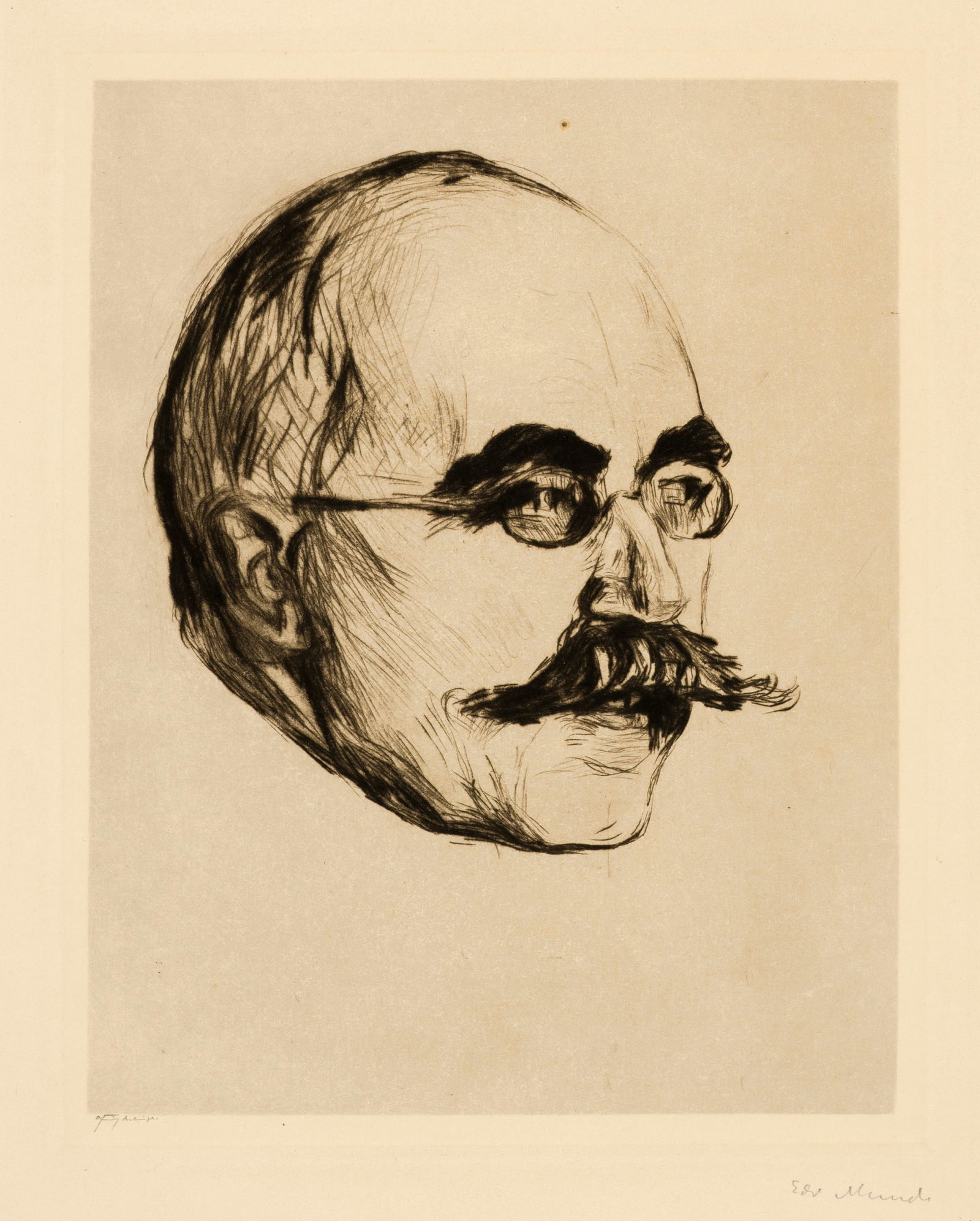 Edvard Munch (Løten 1863 - 1944 Oslo) Gustav Schiefler: Edvard Munch (Løten 1863 - 1944 Oslo) Gustav Schiefler 1905-1906 Drypoint on yellowish wove paper 24.5x19.5 cm, platemark; 43x31.5 cm, sheet size Signature Lower right signed by the artist in pen
