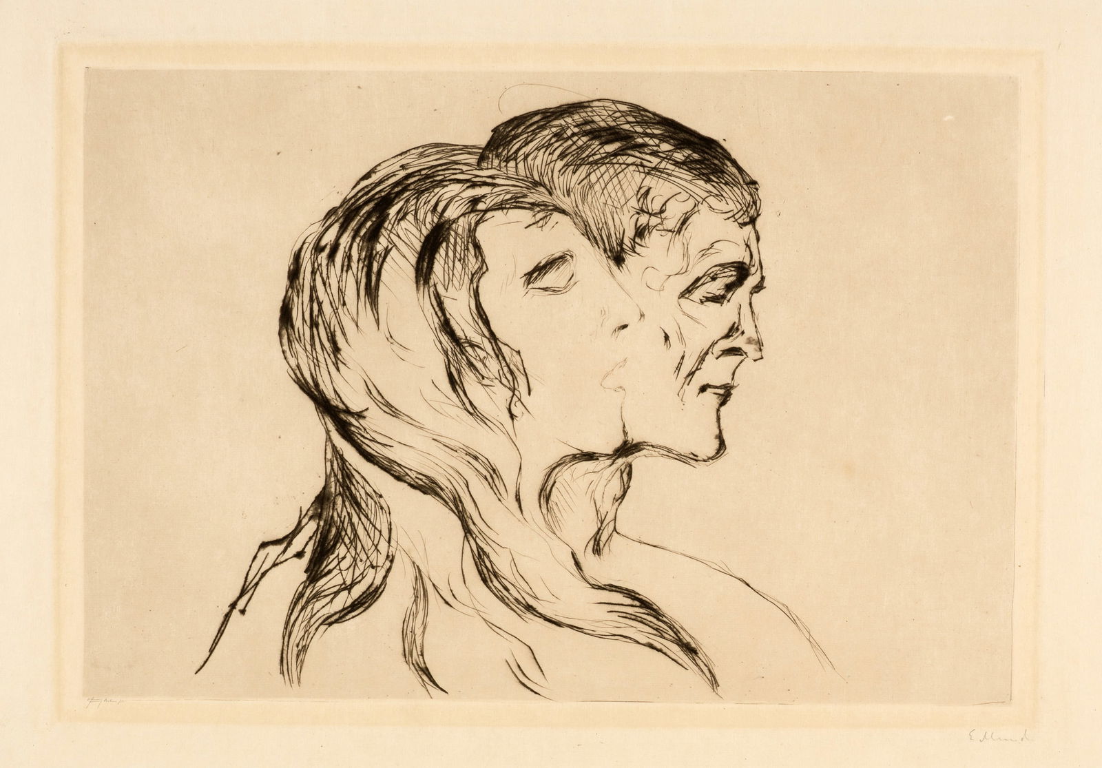 Edvard Munch (Løten 1863 - 1944 Oslo) Kopf bei Kopf - Head by Head: Edvard Munch (Løten 1863 - 1944 Oslo) Kopf bei Kopf - Head by Head 1905 Drypoint on cream imitation Japan paper 22.5x32.5 cm, platemark; 32.7x50.9 cm, sheet size Signature Lower right signed by t