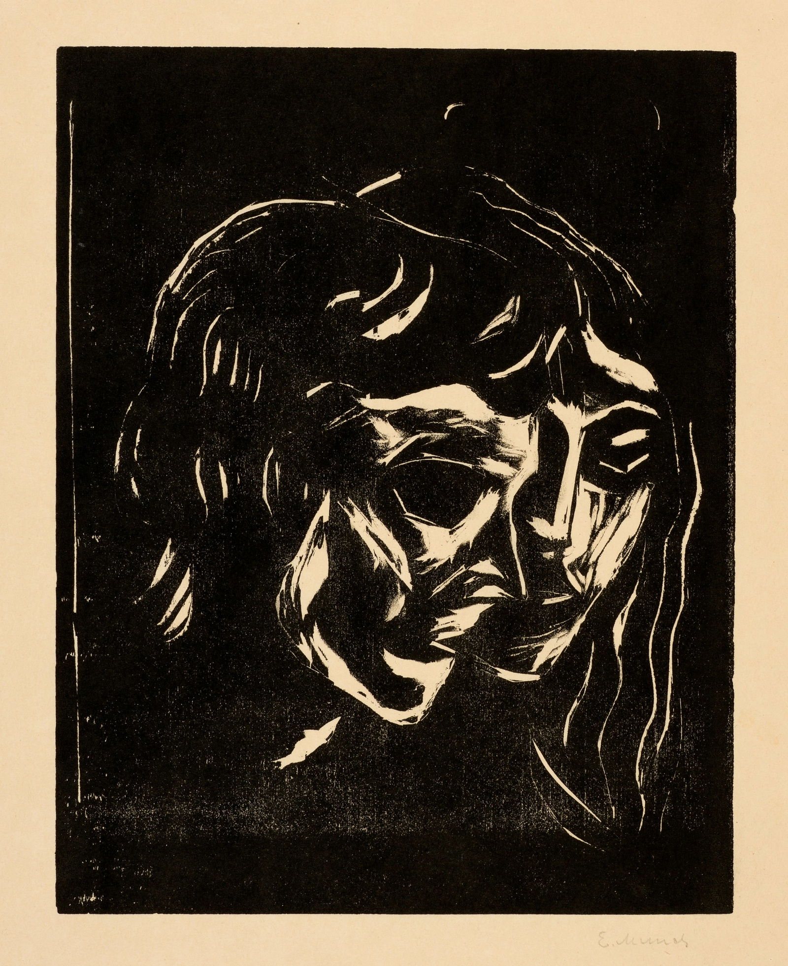 Edvard Munch (Løten 1863 - 1944 Oslo) Mann und Frau - Man and Woman: Edvard Munch (Løten 1863 - 1944 Oslo) Mann und Frau - Man and Woman 1905 Woodcut on yellowish wove paper 25.1x19.7 cm, printing block; 42.4x30.5 cm, sheet size Signature Lower right signed by the
