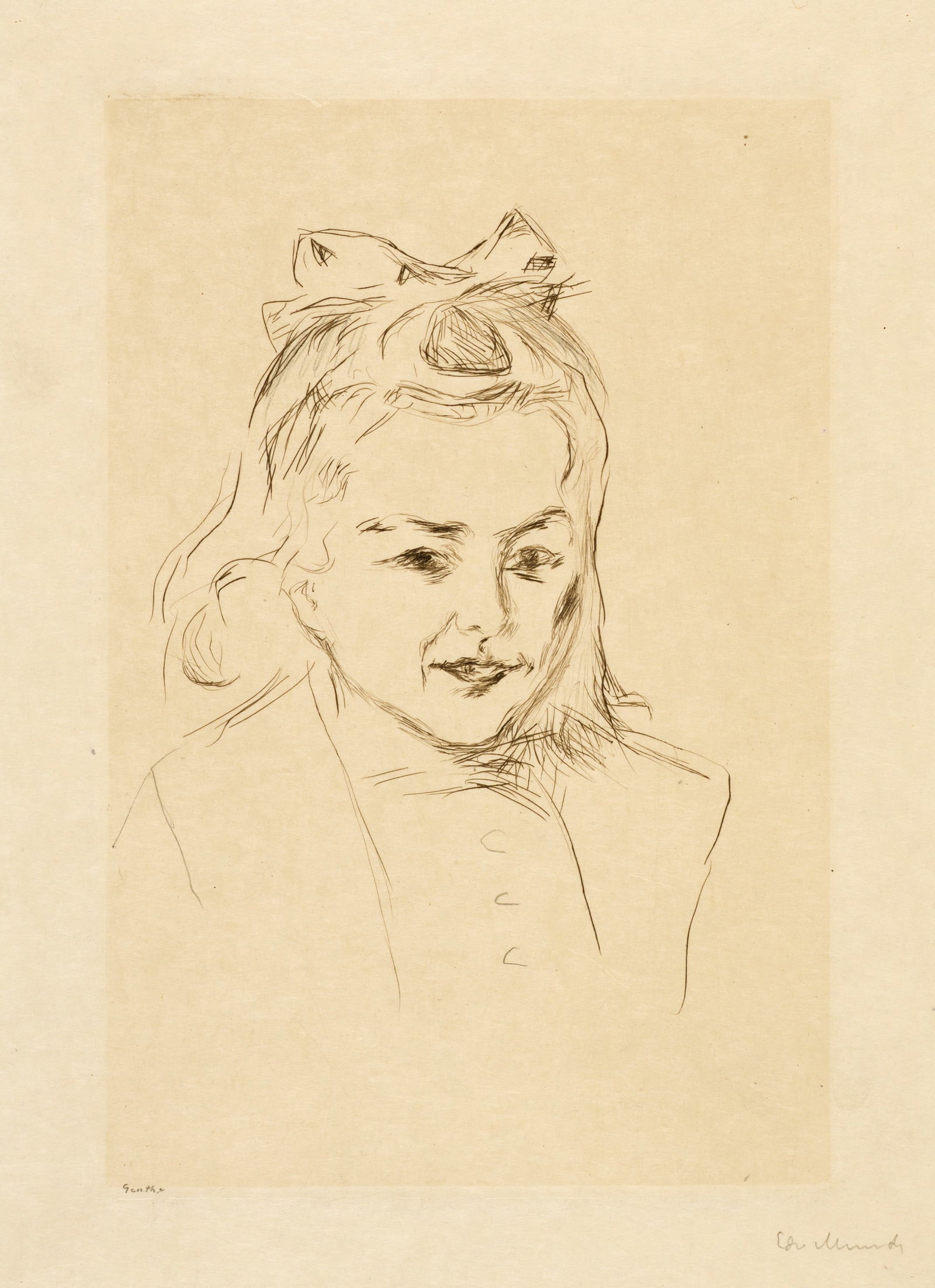 Edvard Munch (Løten 1863 - 1944 Oslo) Ottilie Schiefler: Edvard Munch (Løten 1863 - 1944 Oslo) Ottilie Schiefler 1907 Drypoint on Japan paper 23.5x15.5 cm, platemark; 38.5x26.8 cm, sheet size Signature Lower right signed by the artist in pencil 'Edv. M